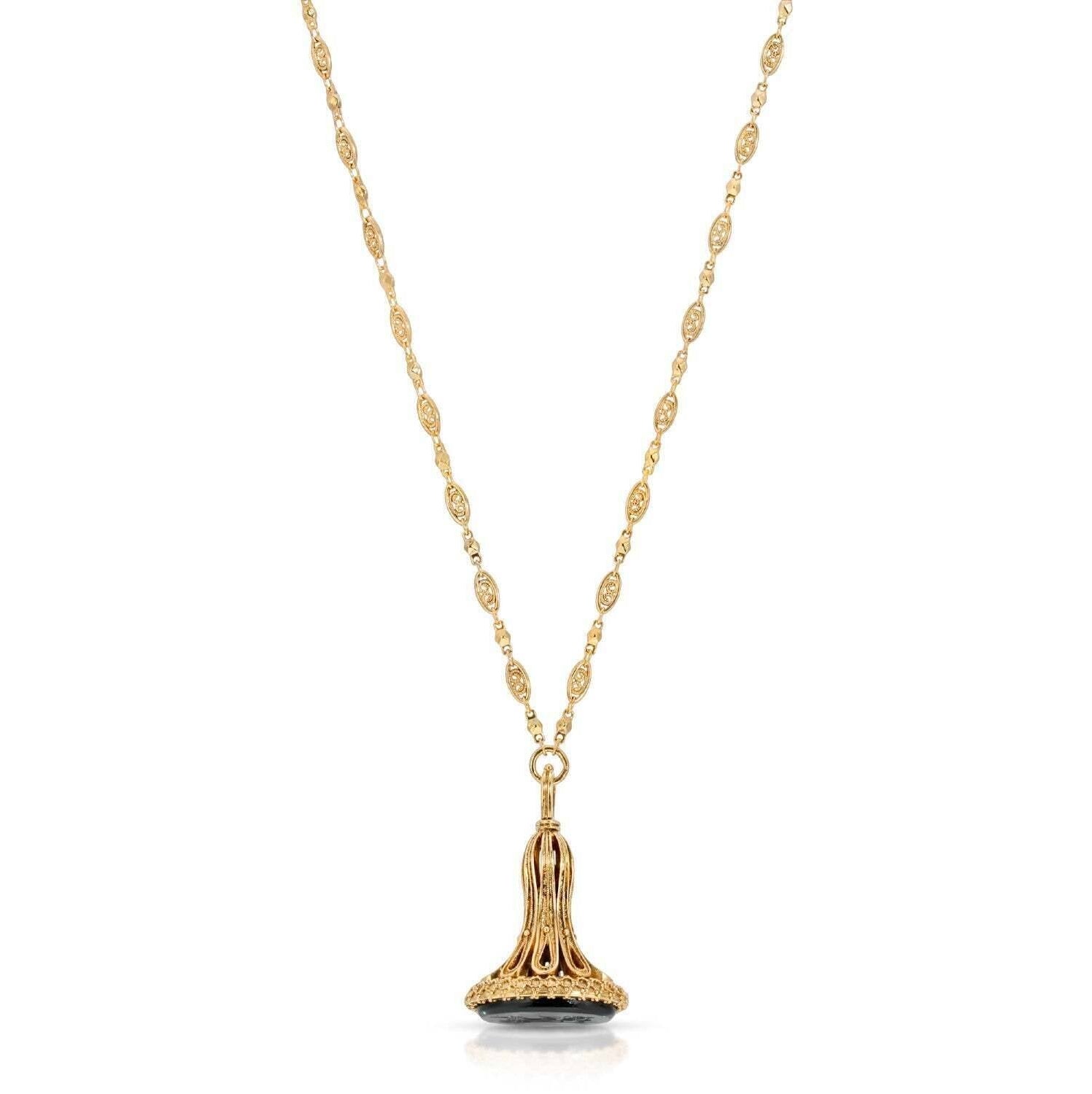 1928 Jewelry Victory Chariot Black Oval Glass Pendant Necklace 30"