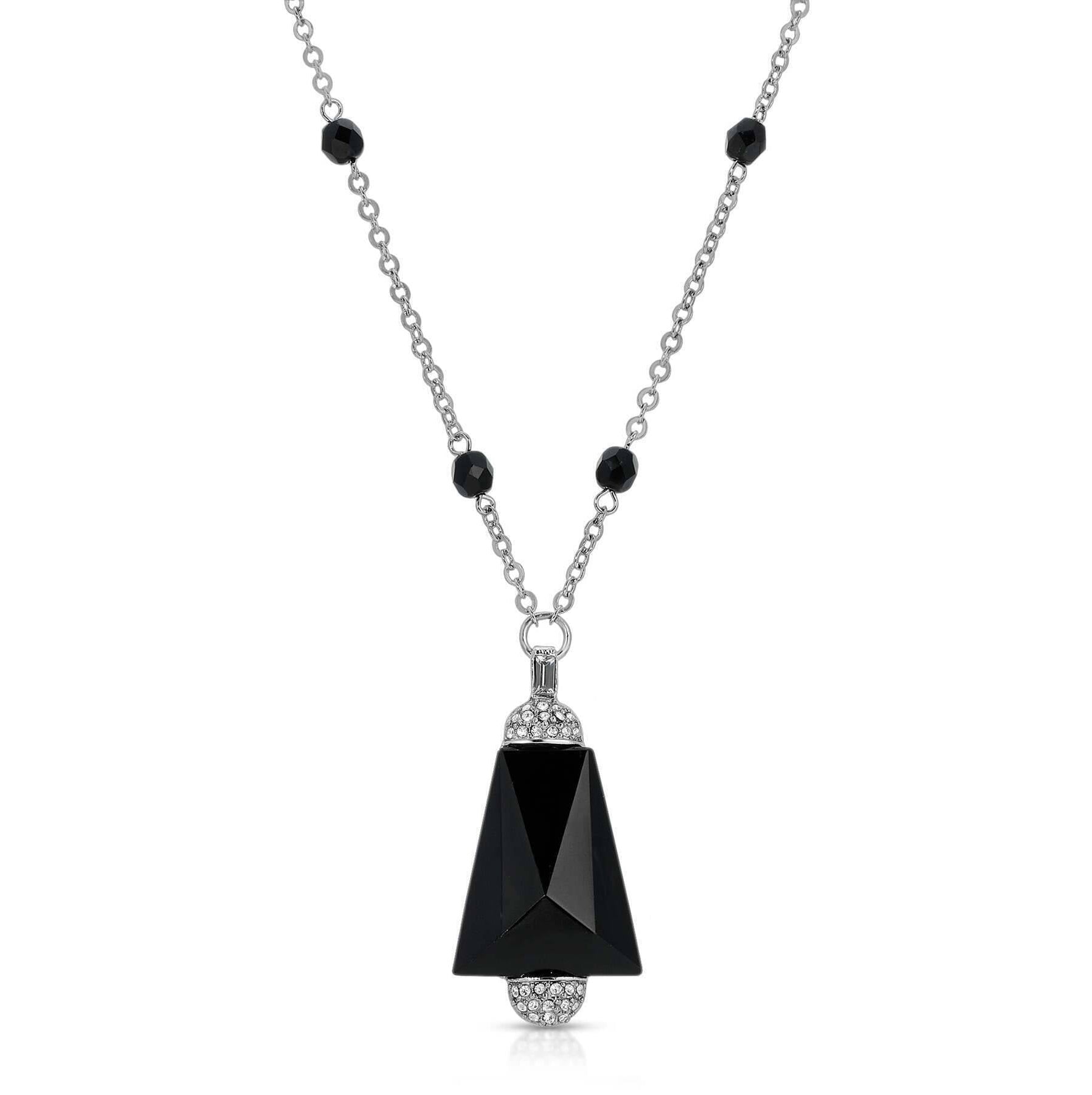1928 Jewelry Triangular Black Glass Stone Crystal Accent Pendant Necklace 20"