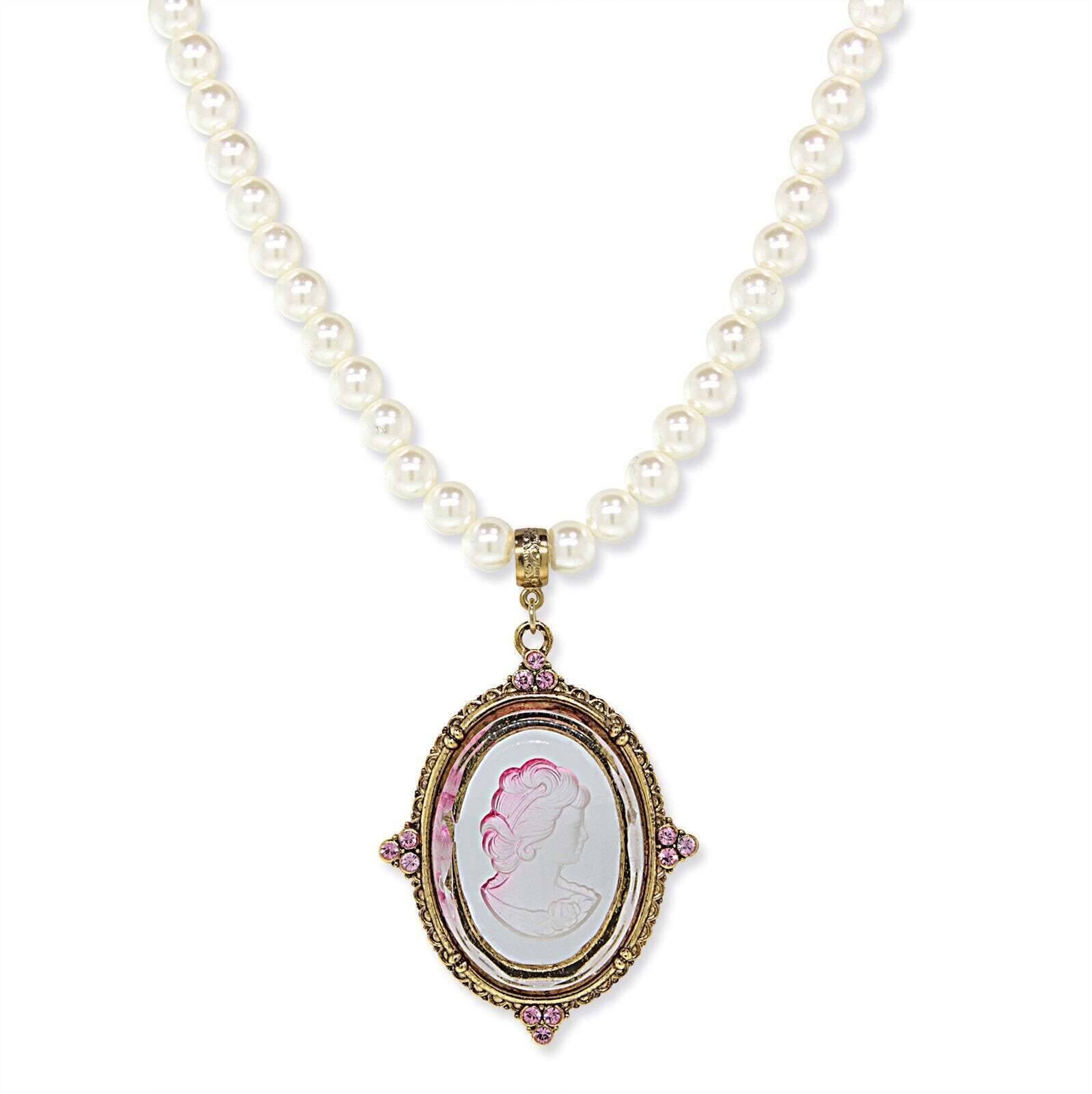 1928 Jewelry Crystal Oval Glass Intaglio 8mm Faux Pearl Strand Pendant Necklace 18"