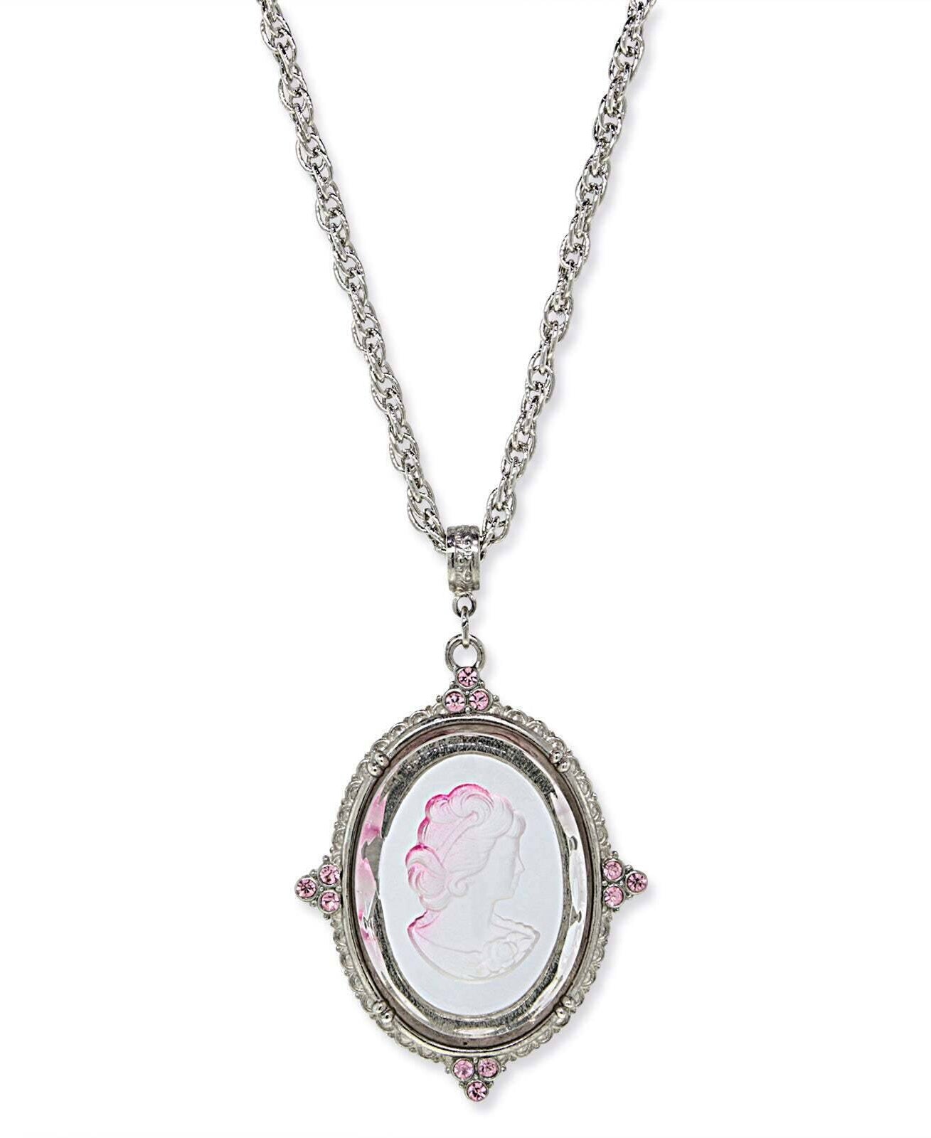 1928 Jewelry Oval Frosted Glass Intaglio Crystal Pendant Necklace 30"