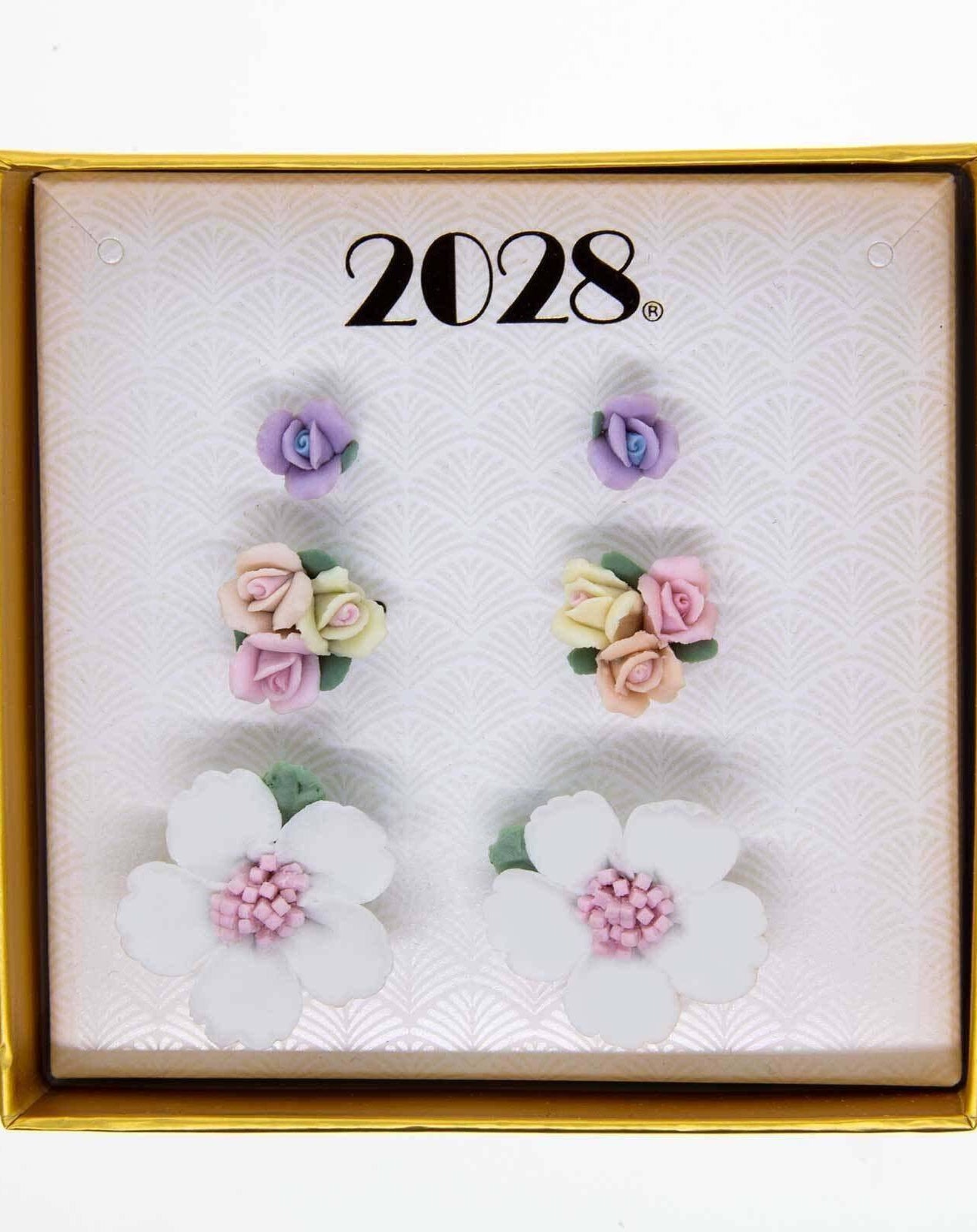 1928 Jewelry 3 Piece Porcelain Rose In A Box Earring Set