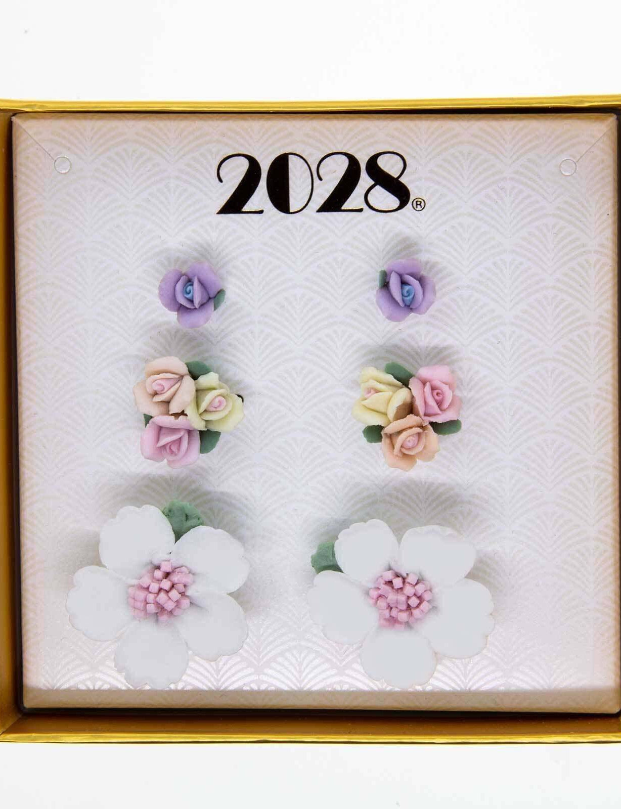 1928 Jewelry 3 Piece Porcelain Rose In A Box Earring Set