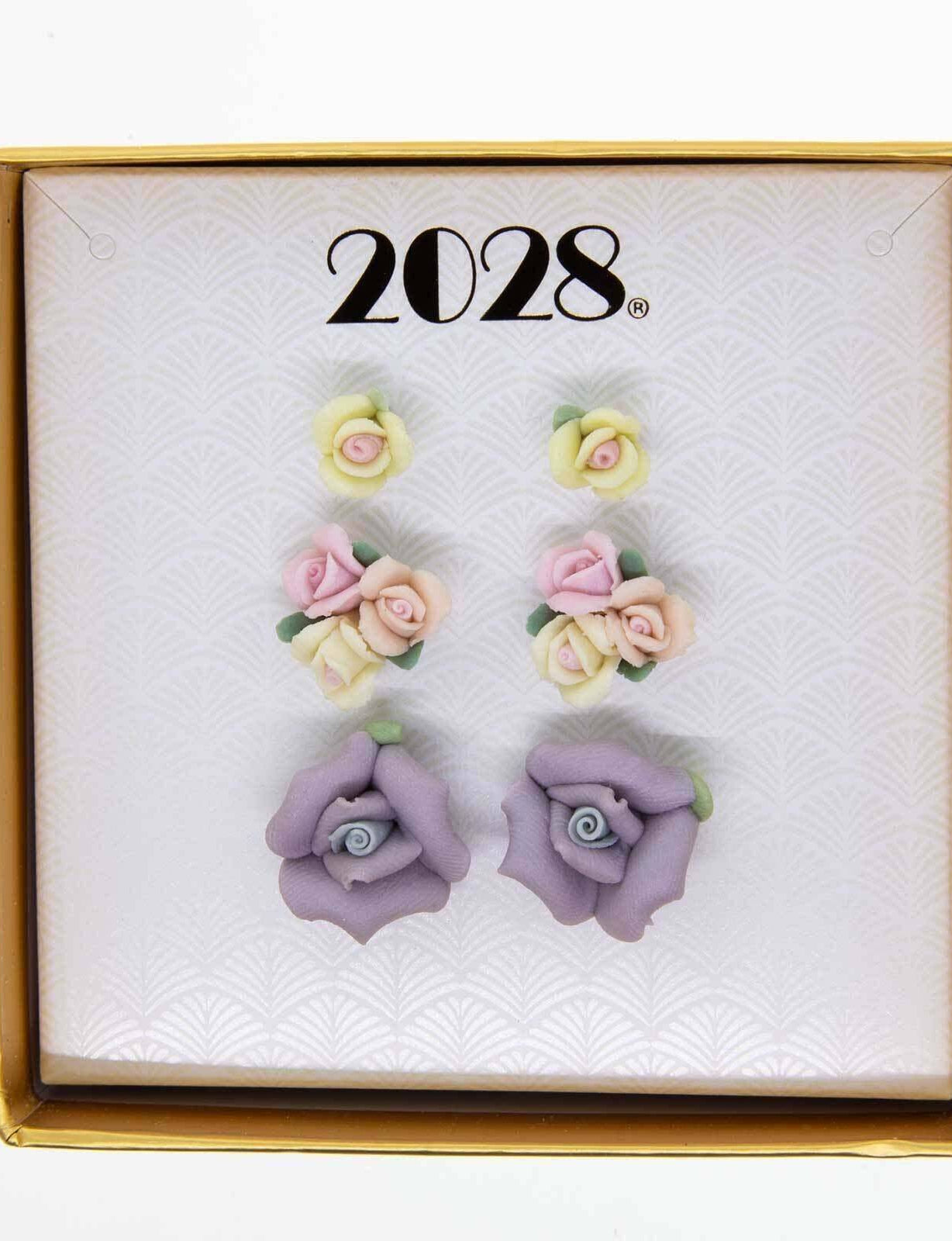 1928 Jewelry 3Pc Multi Color Porcelain Rose In A Box Earring Set