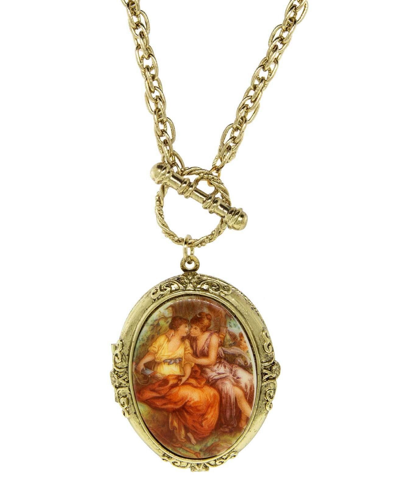 1928 Jewelry Renaissance Inspired Oval Stone Locket Necklace 32"