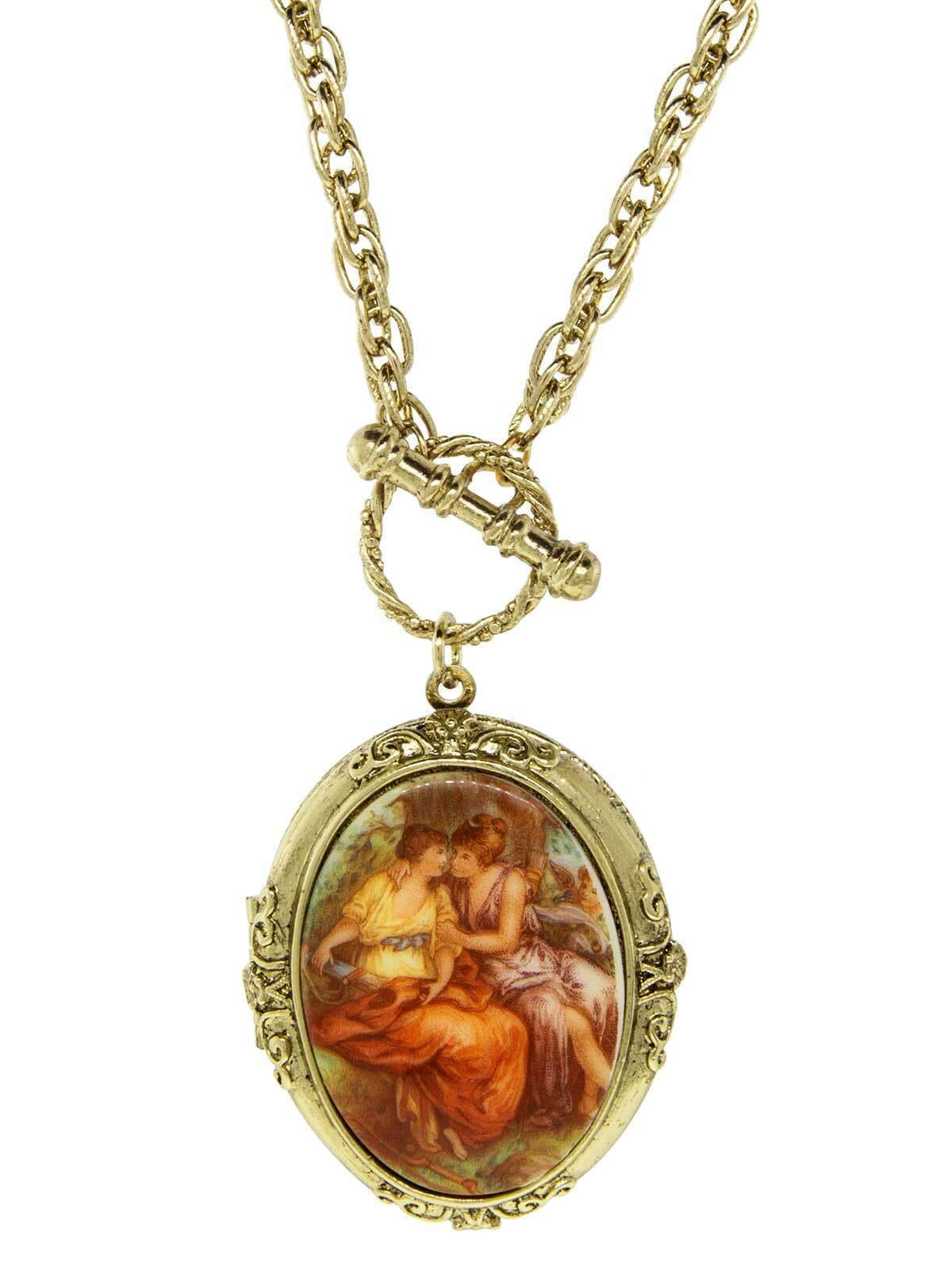 1928 Jewelry Renaissance Inspired Oval Stone Locket Necklace 32"