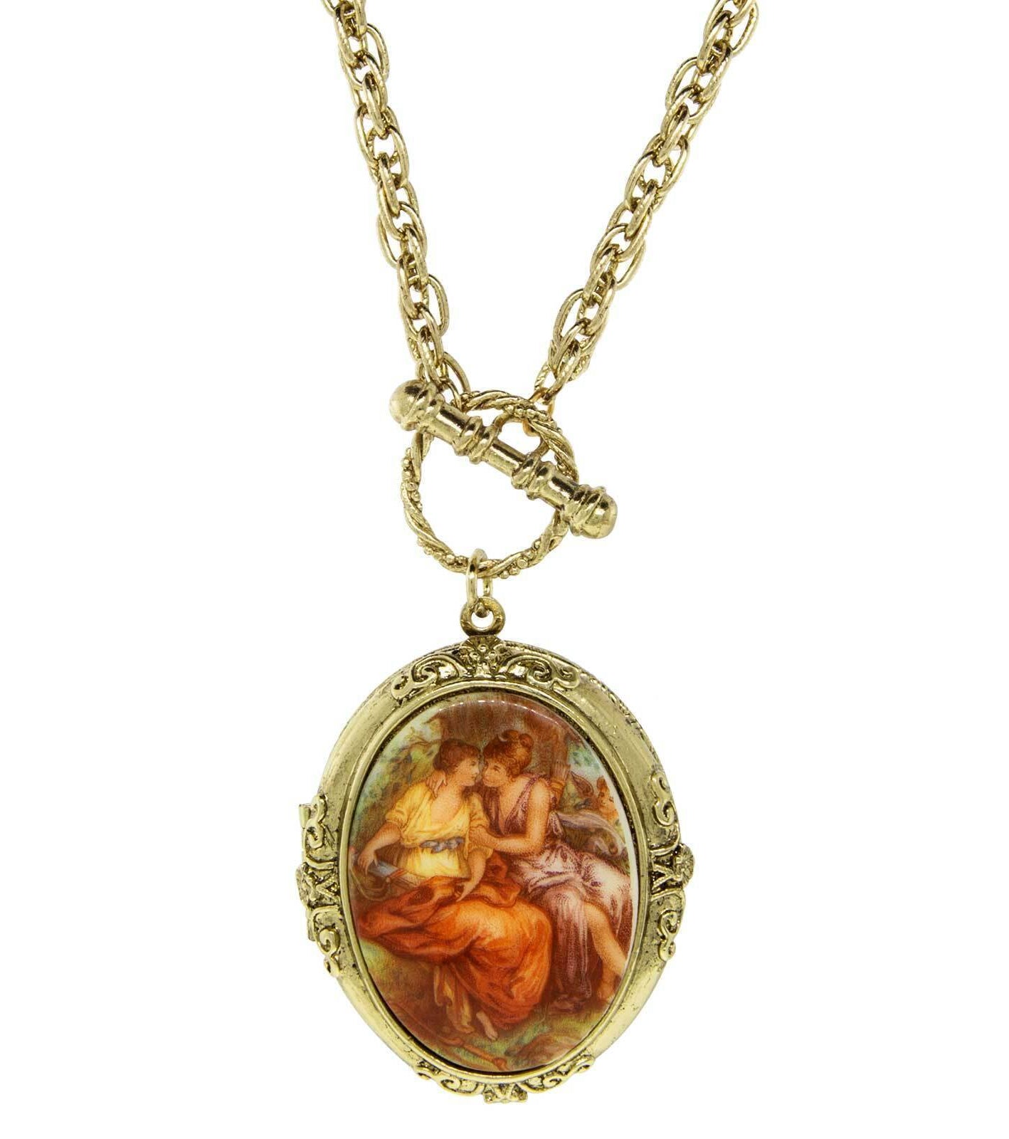 1928 Jewelry Renaissance Inspired Oval Stone Locket Necklace 32"