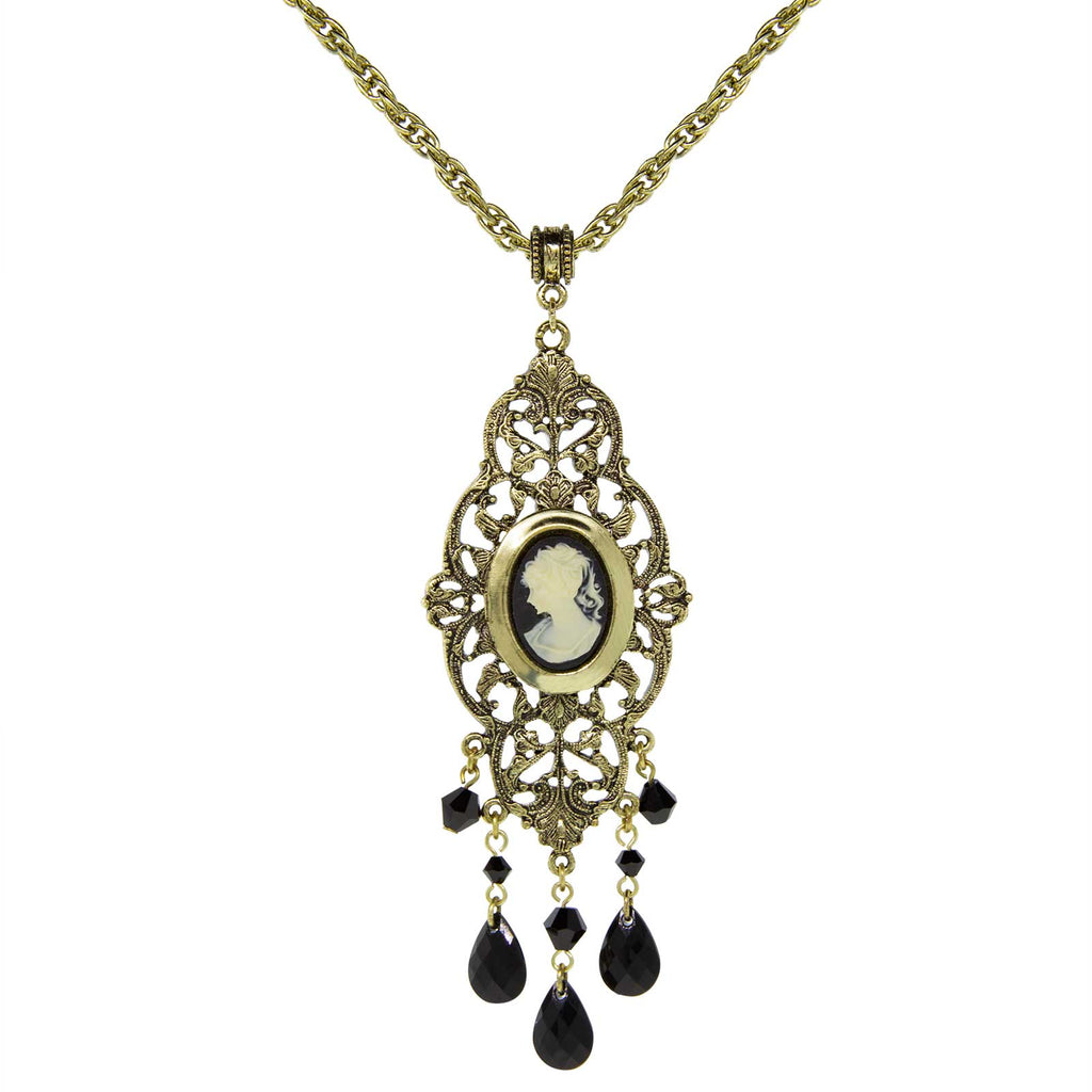 Gold Tone Black Oval Cameo Locket Necklace 32