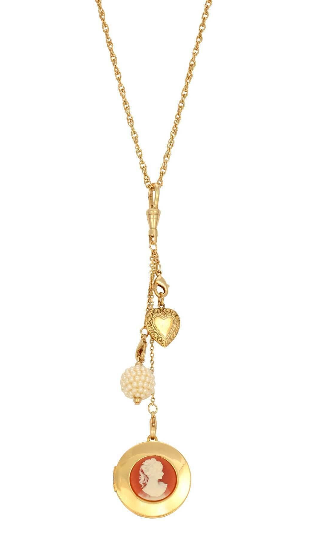 1928 Jewelry Cameo Locket & Charms Necklace 32"