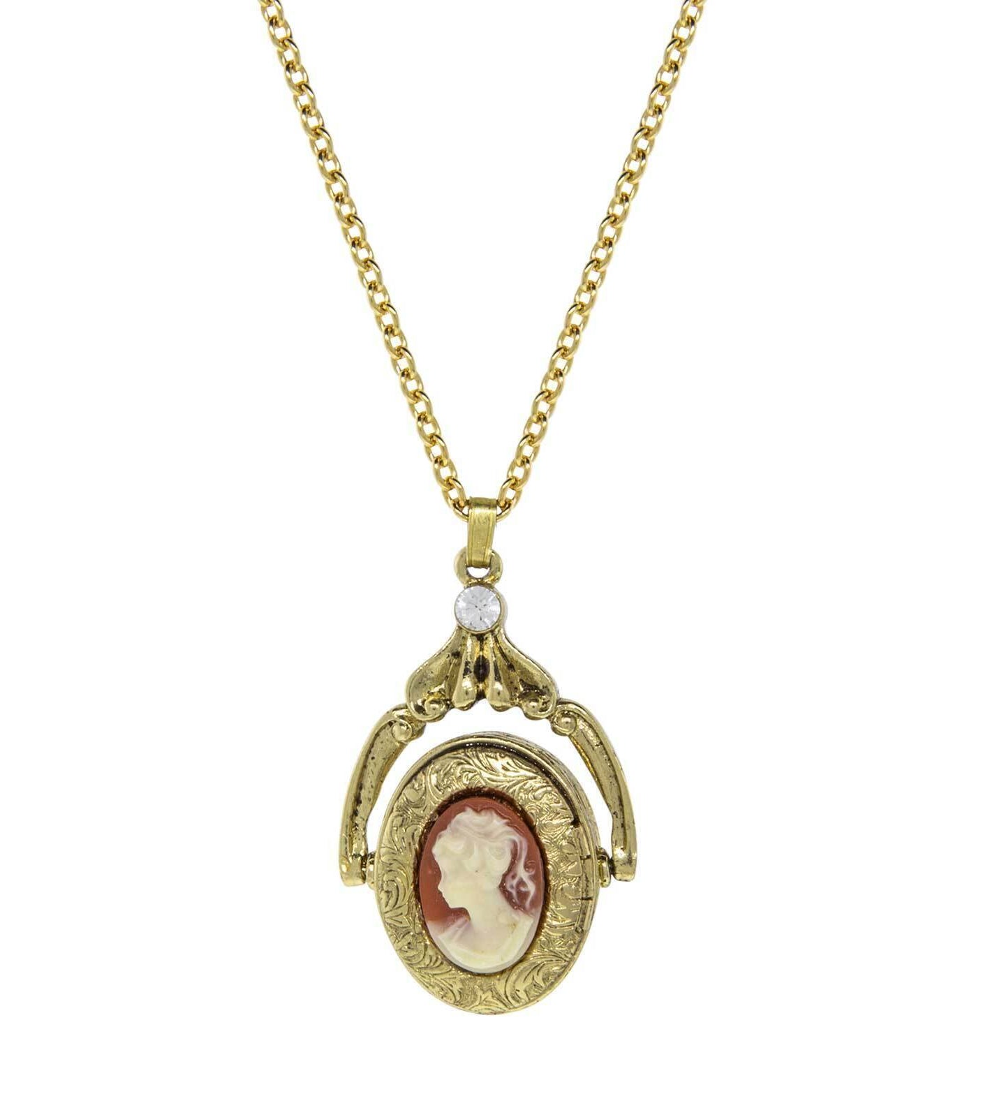1928 Jewelry Carnelian Cameo Double Spinner Locket Necklace 28"