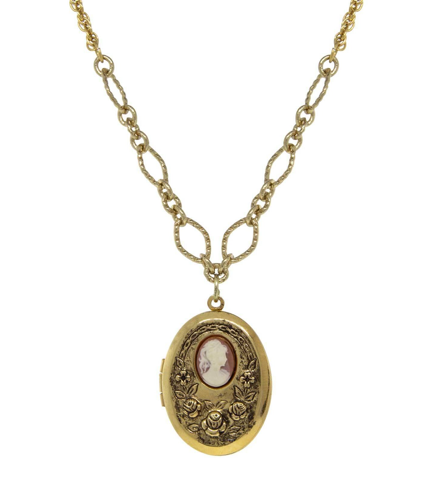1928 Jewelry Carnelian Cameo With Flowers Oval Locket Necklace 16" + 3" Extender