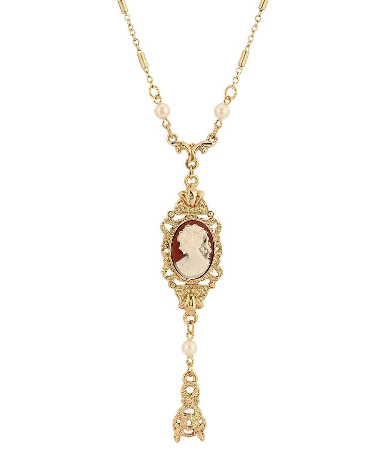 1928 Jewelry Frances Cameo Pendant Faux Pearl & Leaf Drop 24" Necklace