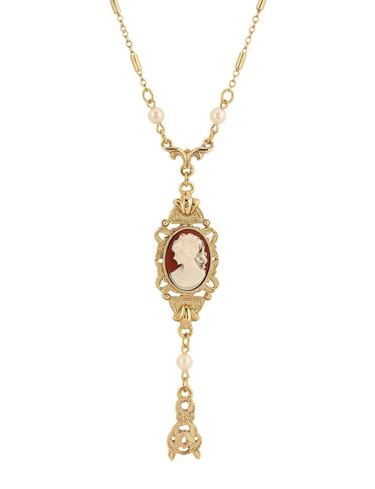 1928 Jewelry Frances Cameo Pendant Faux Pearl & Leaf Drop 24" Necklace