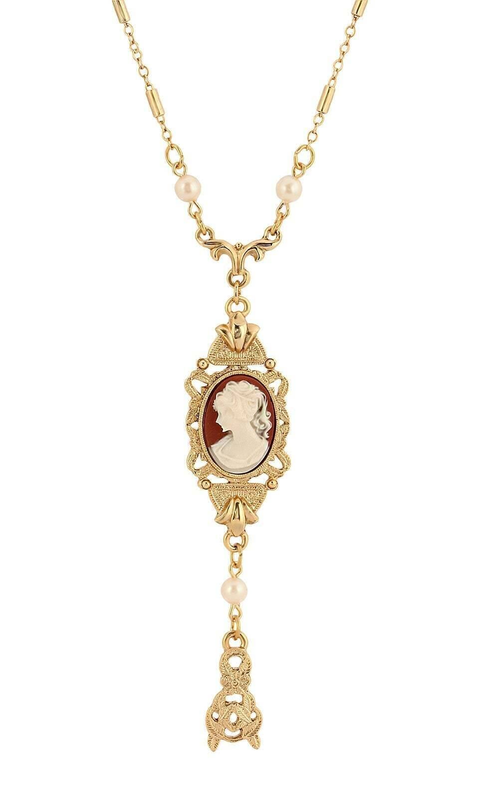 1928 Jewelry Frances Cameo Pendant Faux Pearl & Leaf Drop 24" Necklace