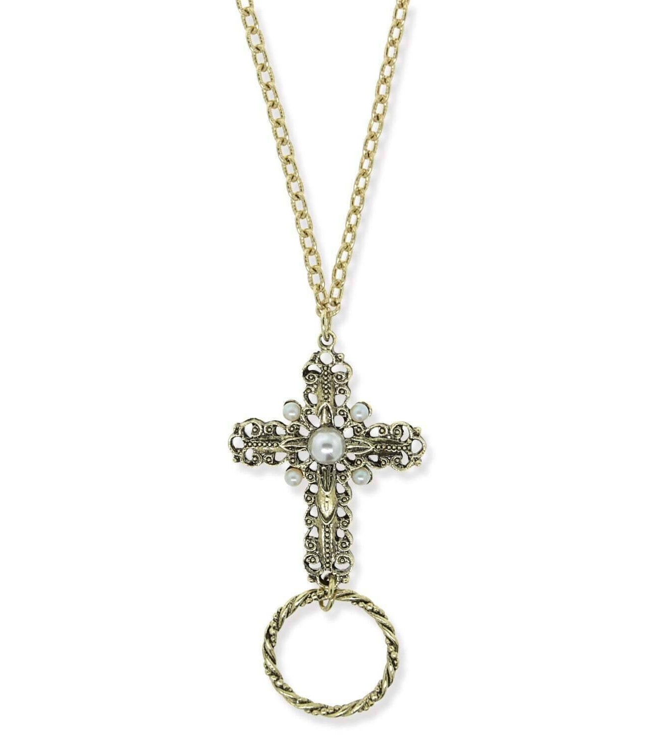 1928 Jewelry Faux Pearl Cross Badge & Eyeglass Holder Chain Necklace 28"
