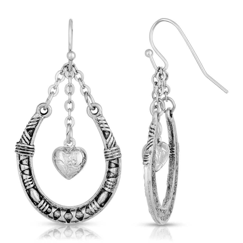 Pewter Horseshoe With Dangling Heart Earring