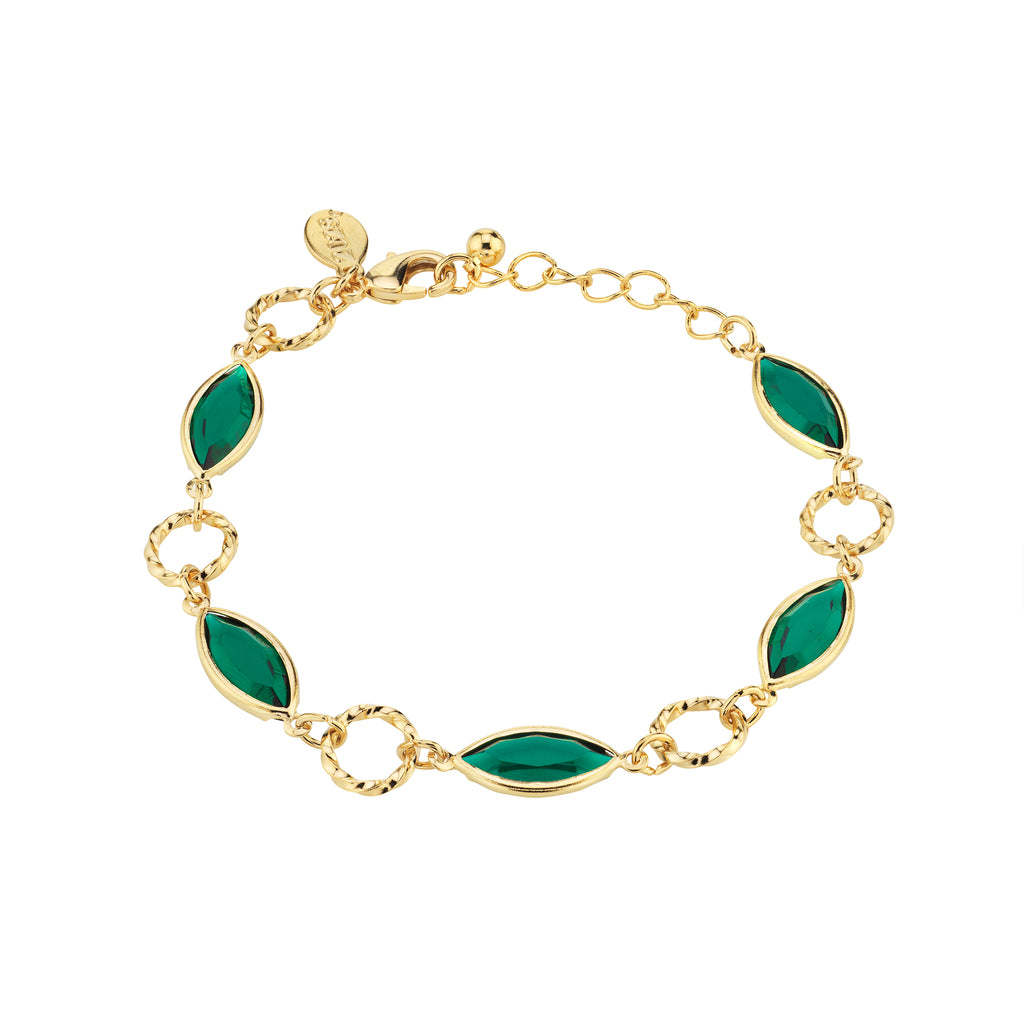 14K Gold Dipped Emerald Green Navette Austrian Channel Link Bracelet