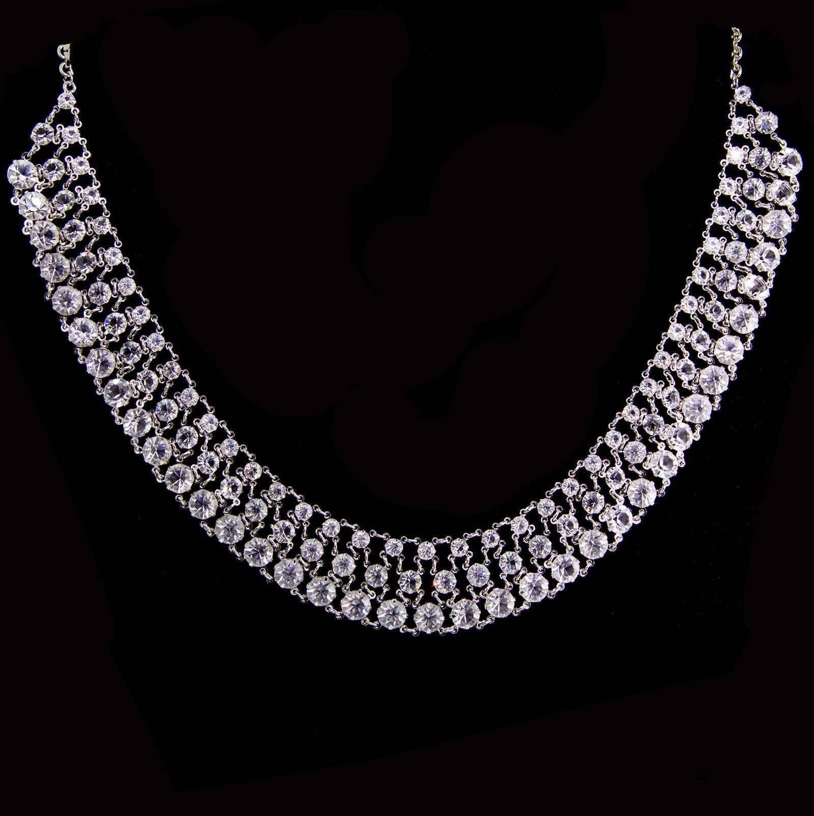 1928 Jewelry Round 3 Row Vintage Austrian Crystal Necklace 16" + 3" Extender