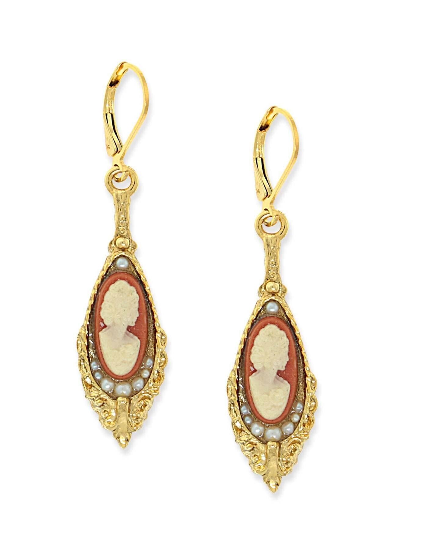 1928 Jewelry Faux Pearl Carnelian Cameo Chandelier Teardrop Earrings