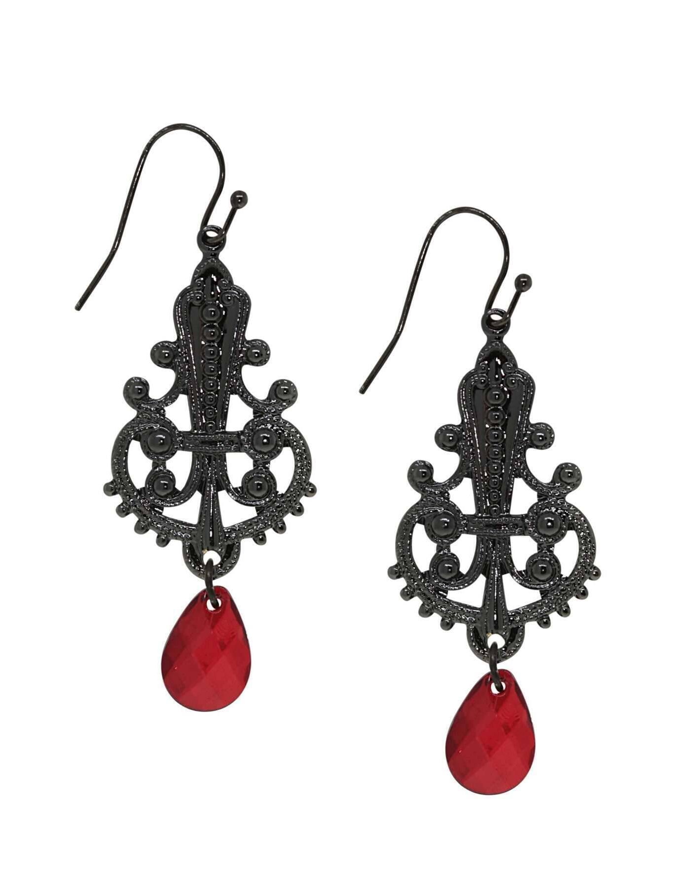 1928 Jewelry Black Royal Filigree Ornamental Red Briolette Drop