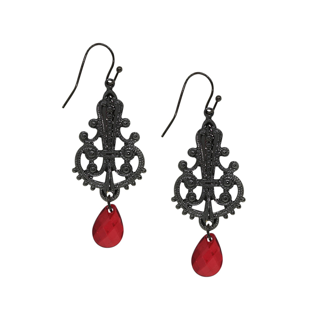 Black Tone Filigree Earring With Red Briolette Drop