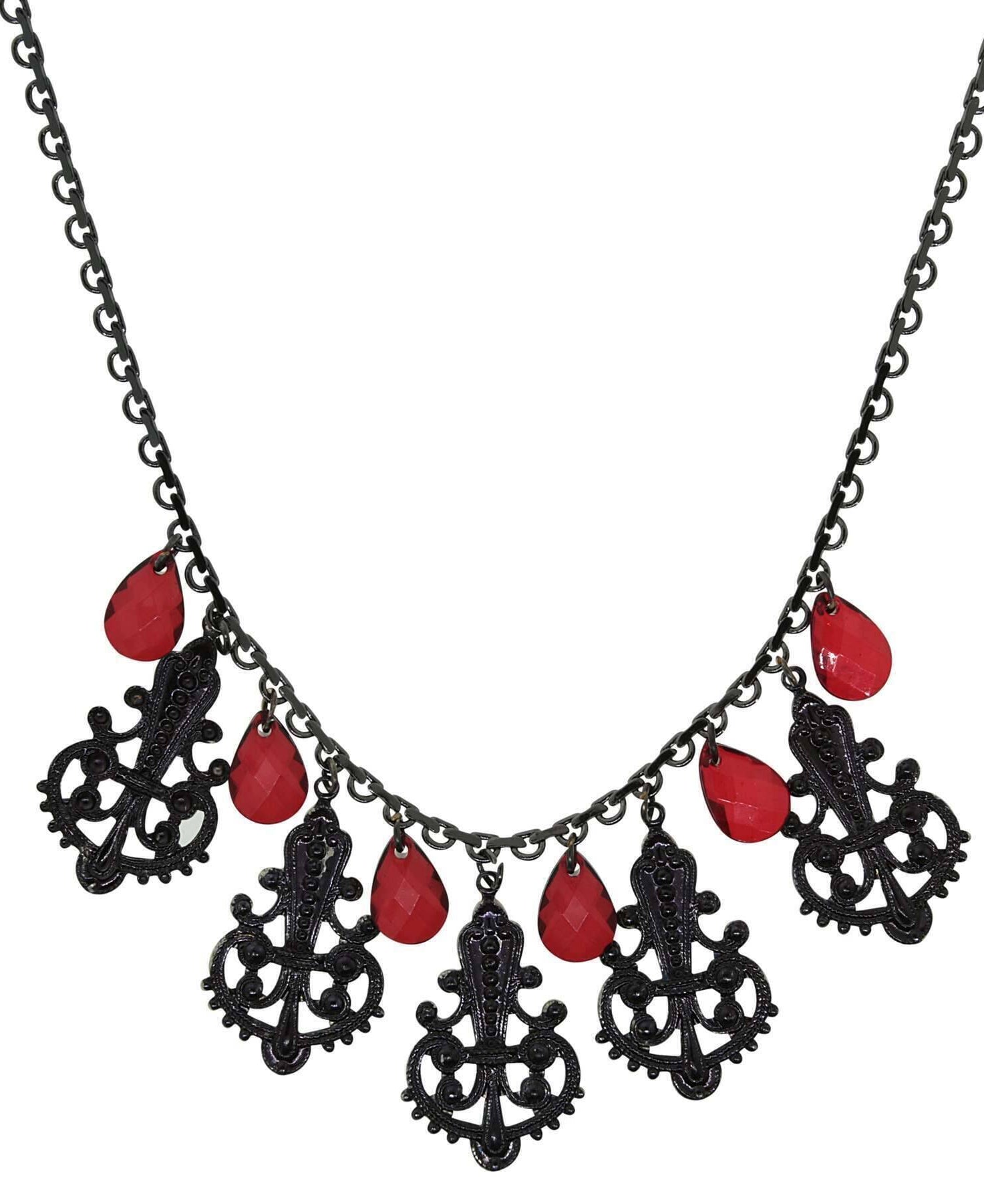 1928 Jewelry Black Royal Filigree Ornamental Red Briolette Drop Necklace 16" + 3" Extender