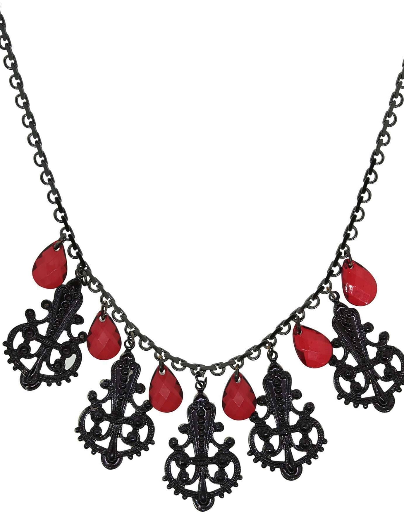 1928 Jewelry Black Royal Filigree Ornamental Red Briolette Drop Necklace 16" + 3" Extender