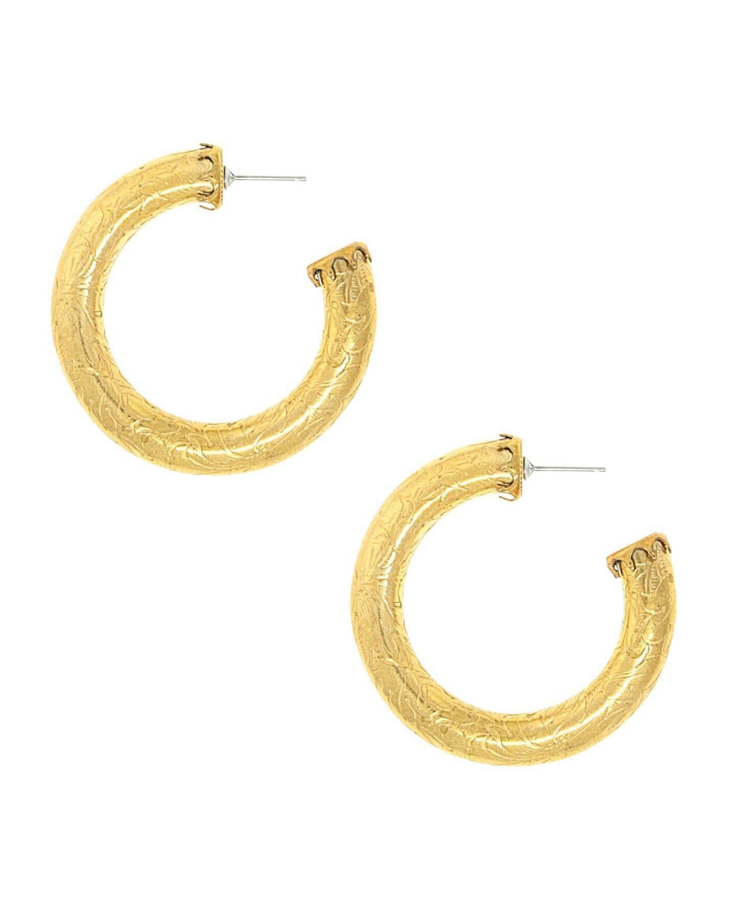 1928 Jewelry Gold Etched Vine Round Hoop Earrings