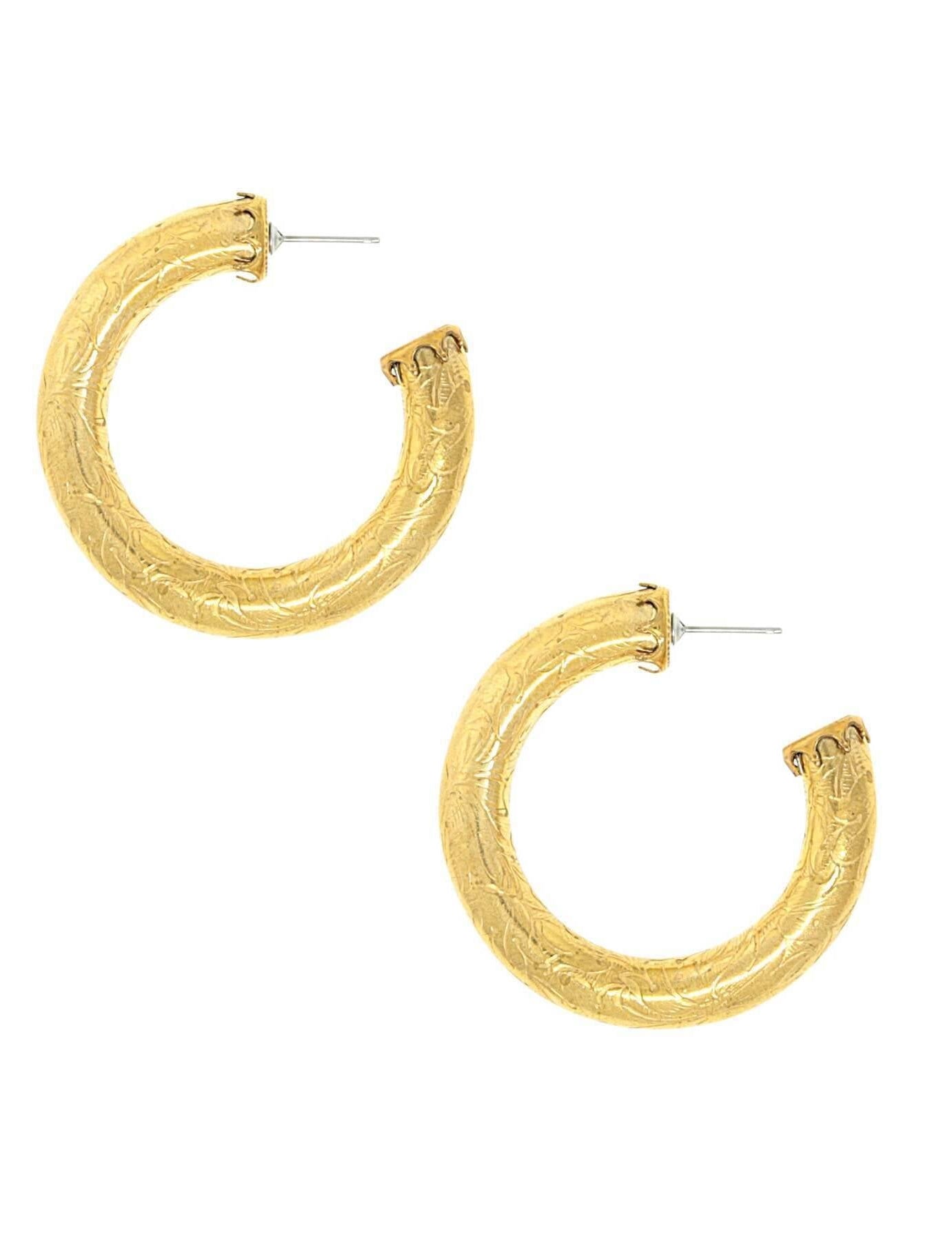 1928 Jewelry Gold Etched Vine Round Hoop Earrings