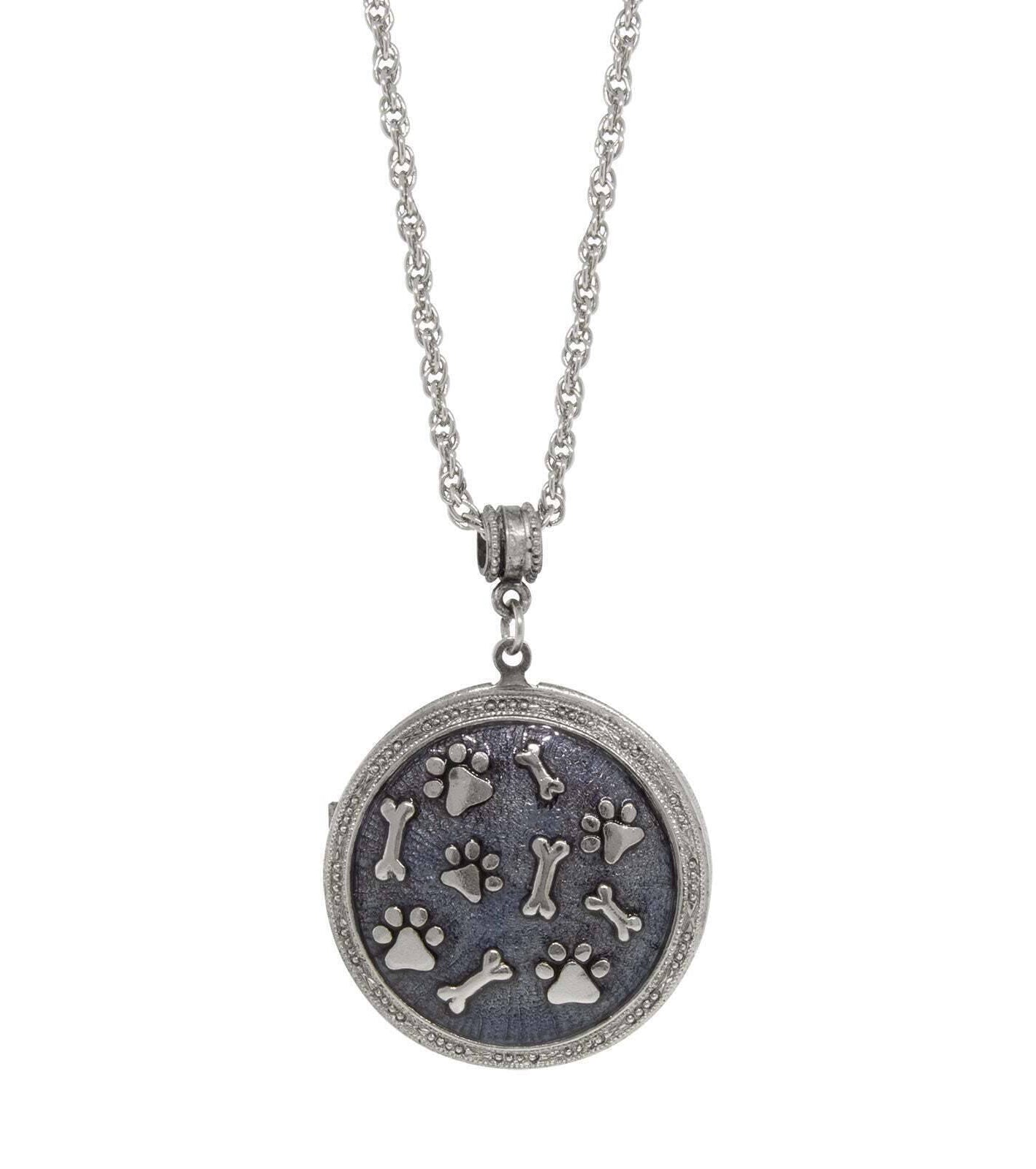 1928 Jewelry Blue Enamel Round Paws And Bones Locket Necklace 28"