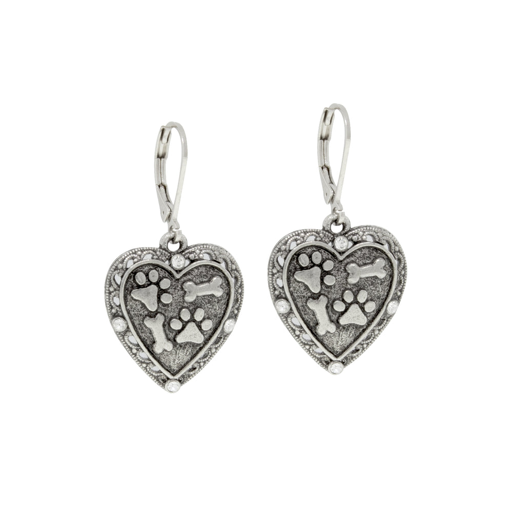 Silver Tone Heart Paws And Bones Drop Earrings