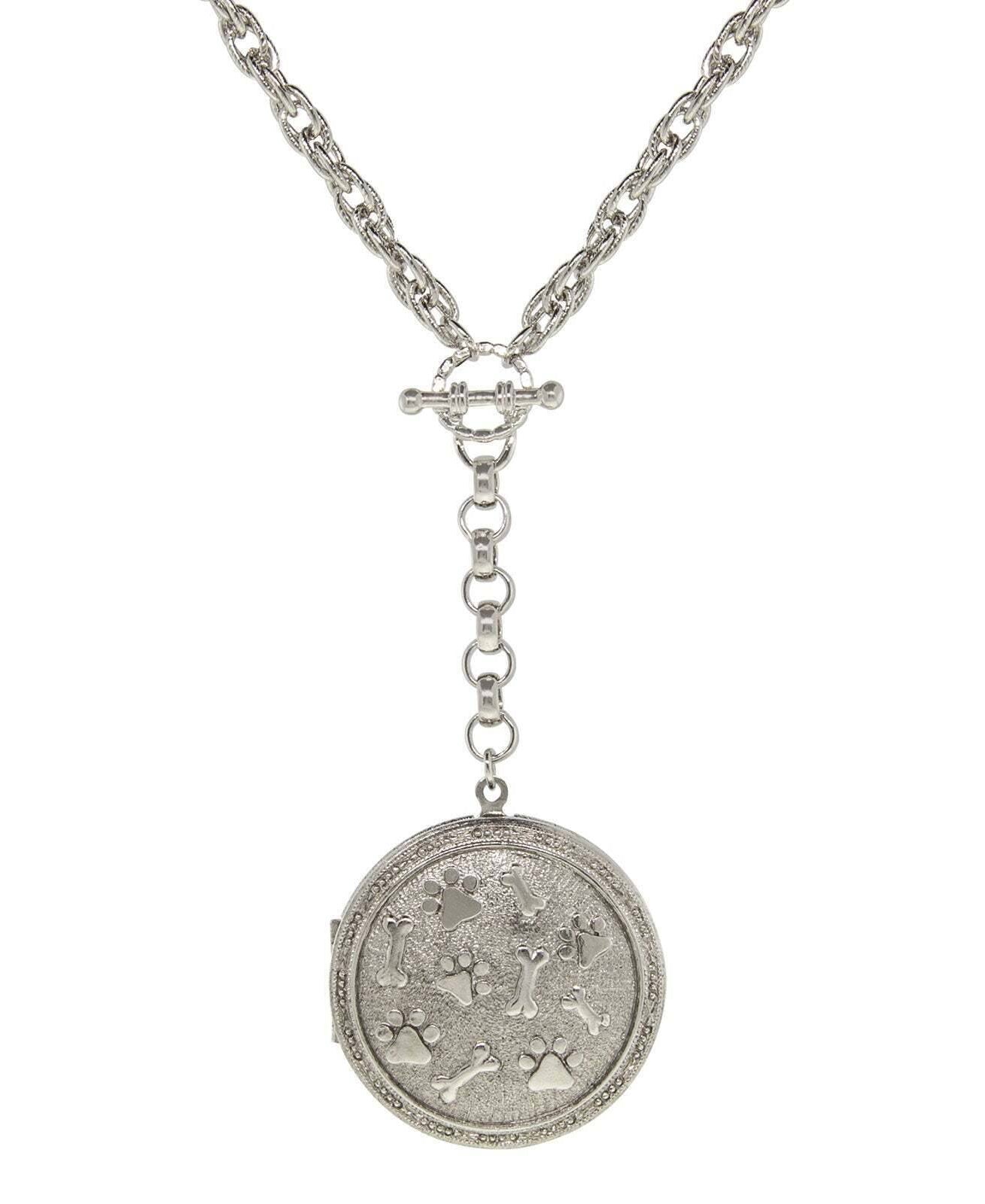1928 Jewelry Pewter Round Heart Paws And Bones Drop Locket Necklace 28"