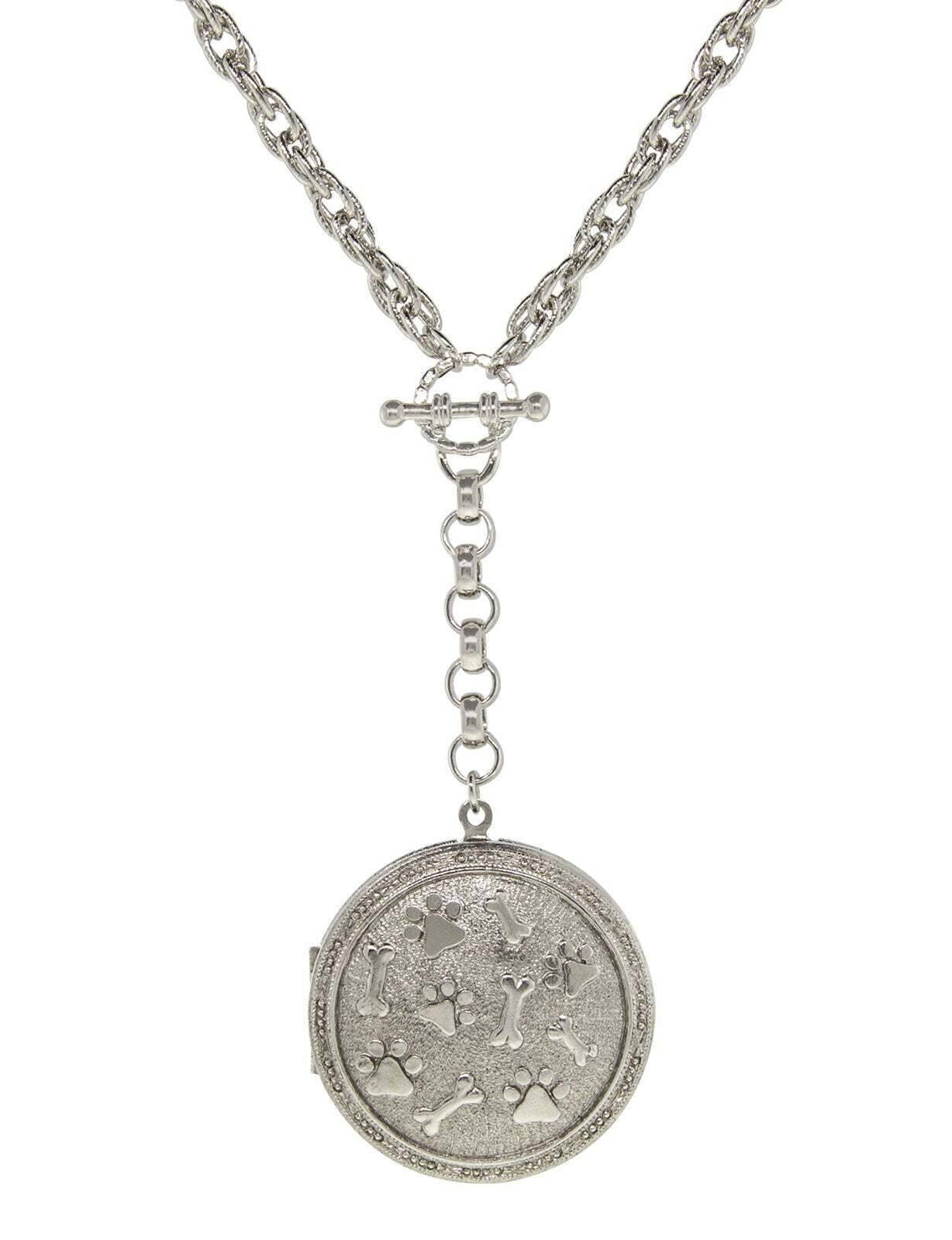 1928 Jewelry Pewter Round Heart Paws And Bones Drop Locket Necklace 28"