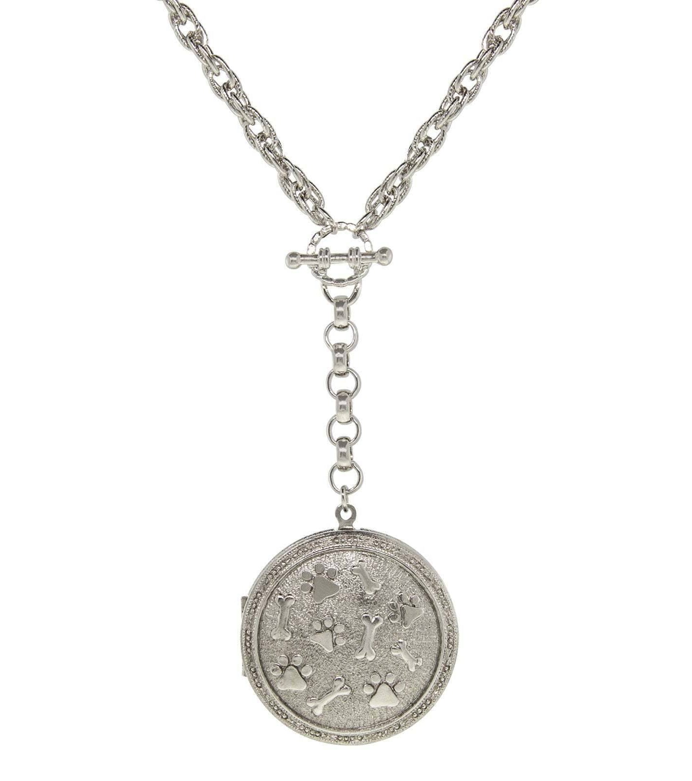1928 Jewelry Pewter Round Heart Paws And Bones Drop Locket Necklace 28"