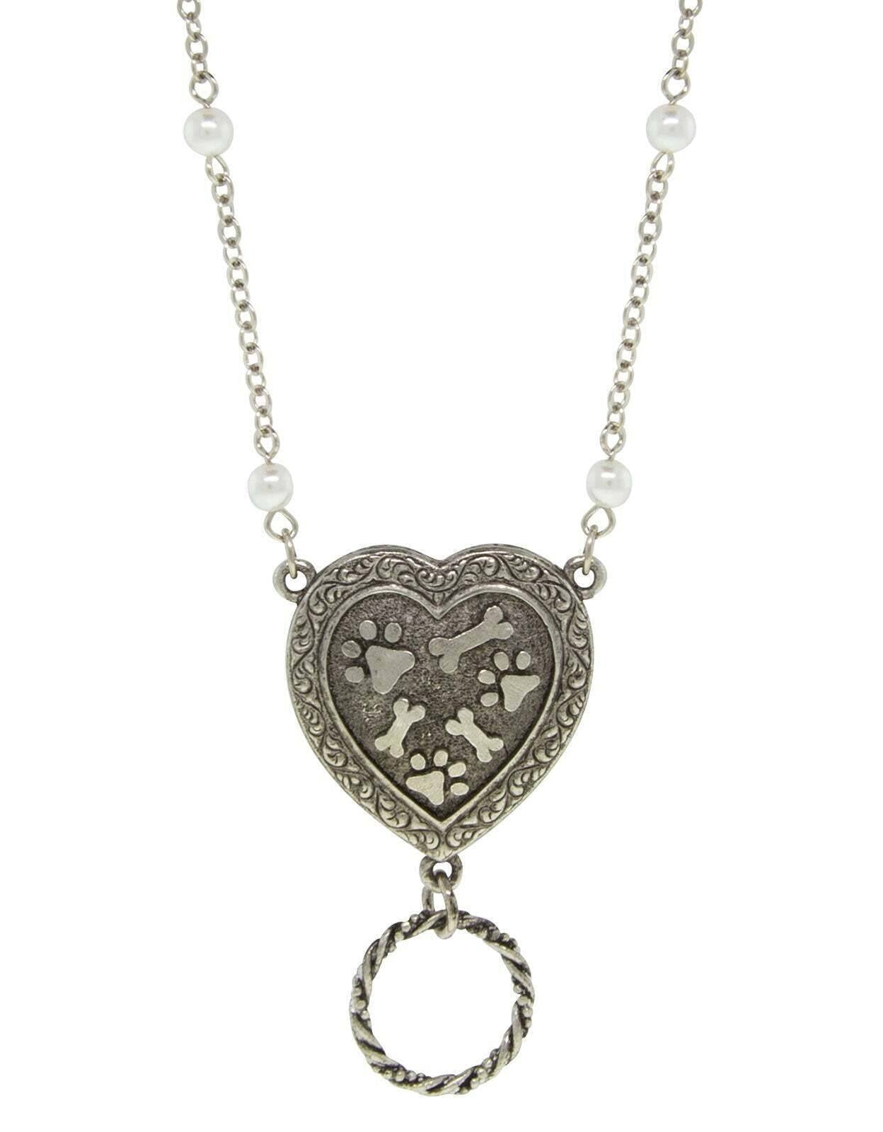 1928 Jewelry Pewter Faux Pearl Heart Paws And Bones Eye Glass Holder Pendant Necklace 28"