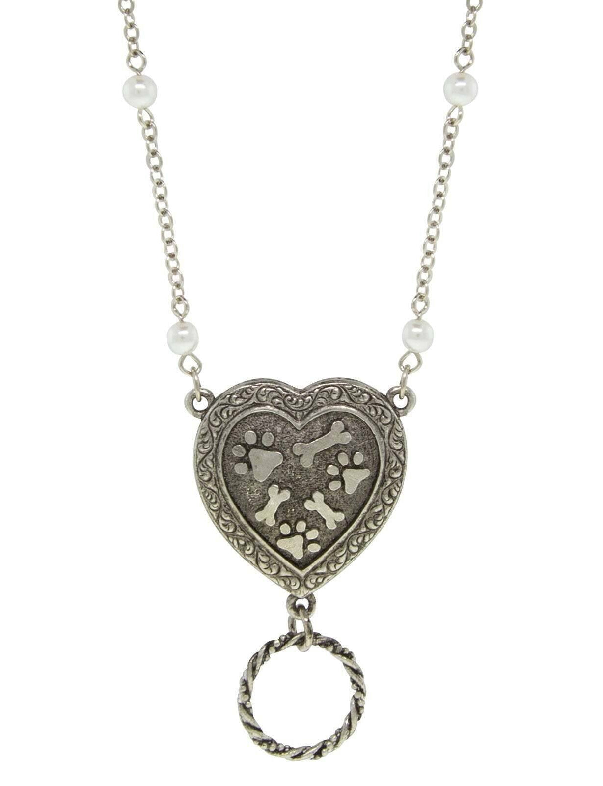 1928 Jewelry Pewter Faux Pearl Heart Paws And Bones Eye Glass Holder Pendant Necklace 28"