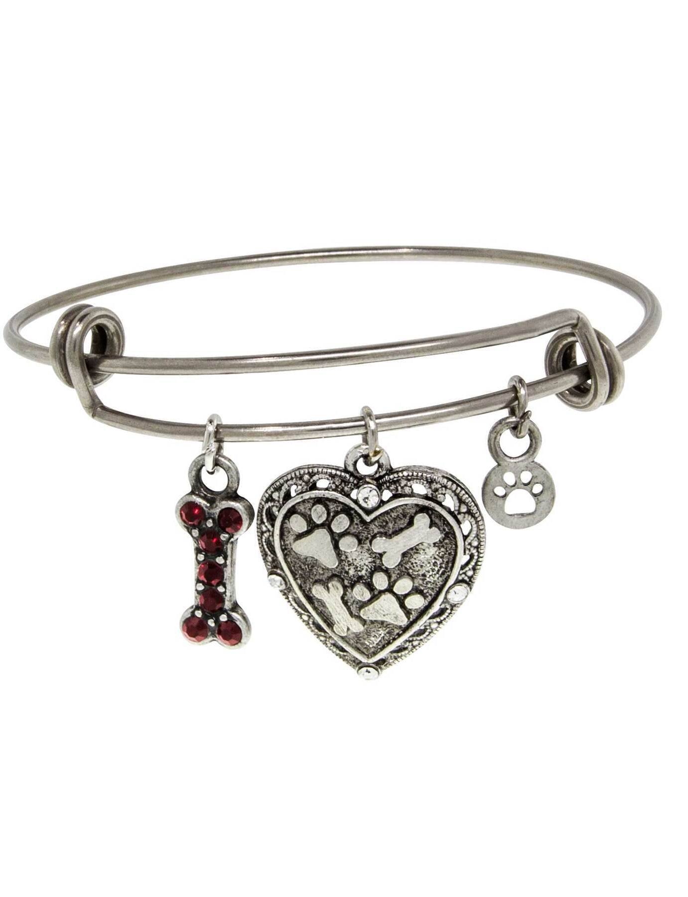 1928 Jewelry Pewter Heart Bone Paw Print Charm Bracelet