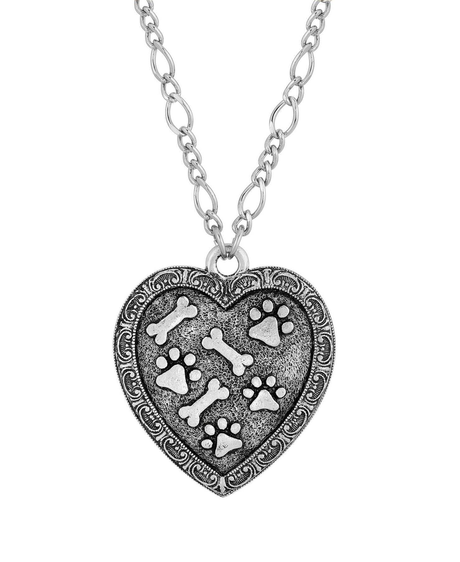 1928 Jewelry Pewter Heart Paws And Bones Pendant Necklace 28"