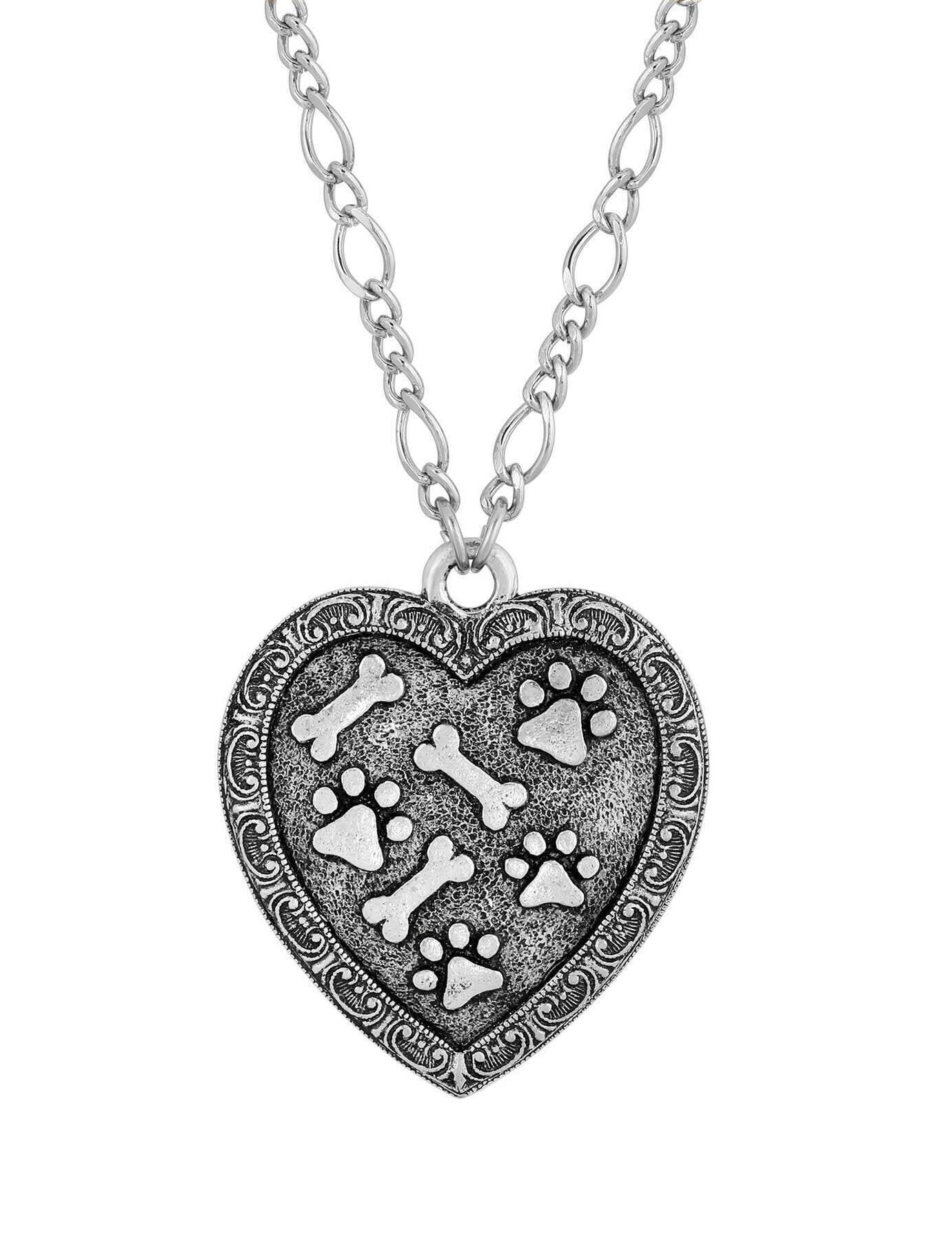 1928 Jewelry Pewter Heart Paws And Bones Pendant Necklace 28"