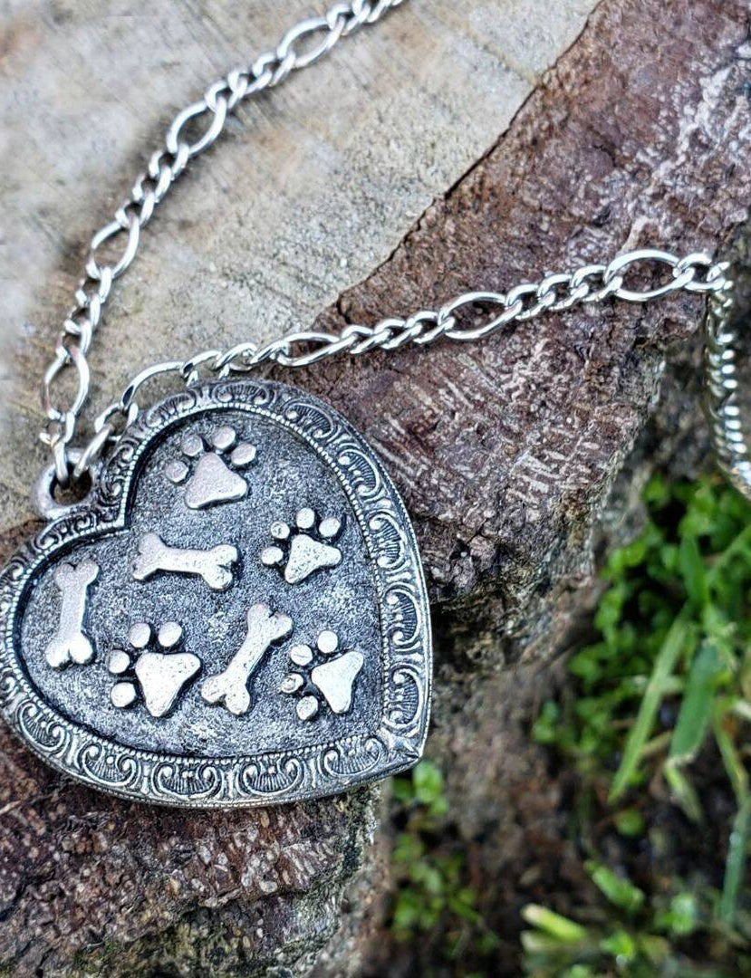 1928 Jewelry Pewter Heart Paws And Bones Pendant Necklace 28"