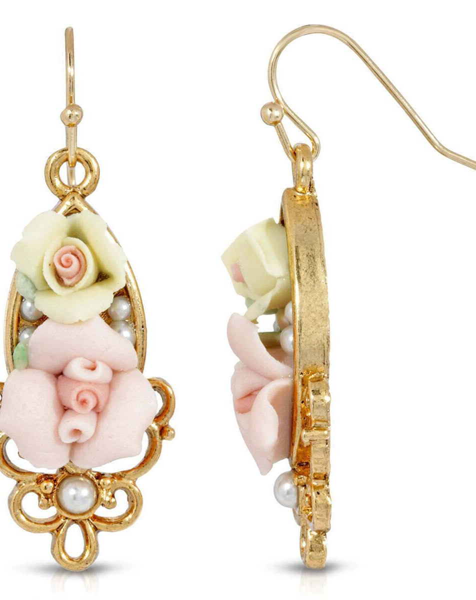 1928 Jewelry Multicolor Porcelain Rose Faux Pearl Accent Wire Drop Earrings