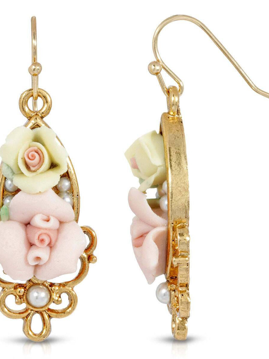 1928 Jewelry Multicolor Porcelain Rose Faux Pearl Accent Wire Drop Earrings