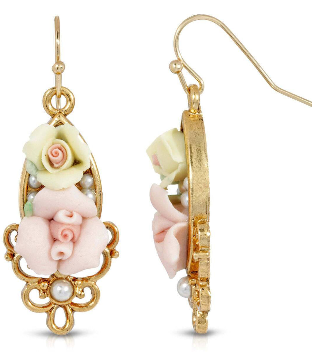 1928 Jewelry Multicolor Porcelain Rose Faux Pearl Accent Wire Drop Earrings