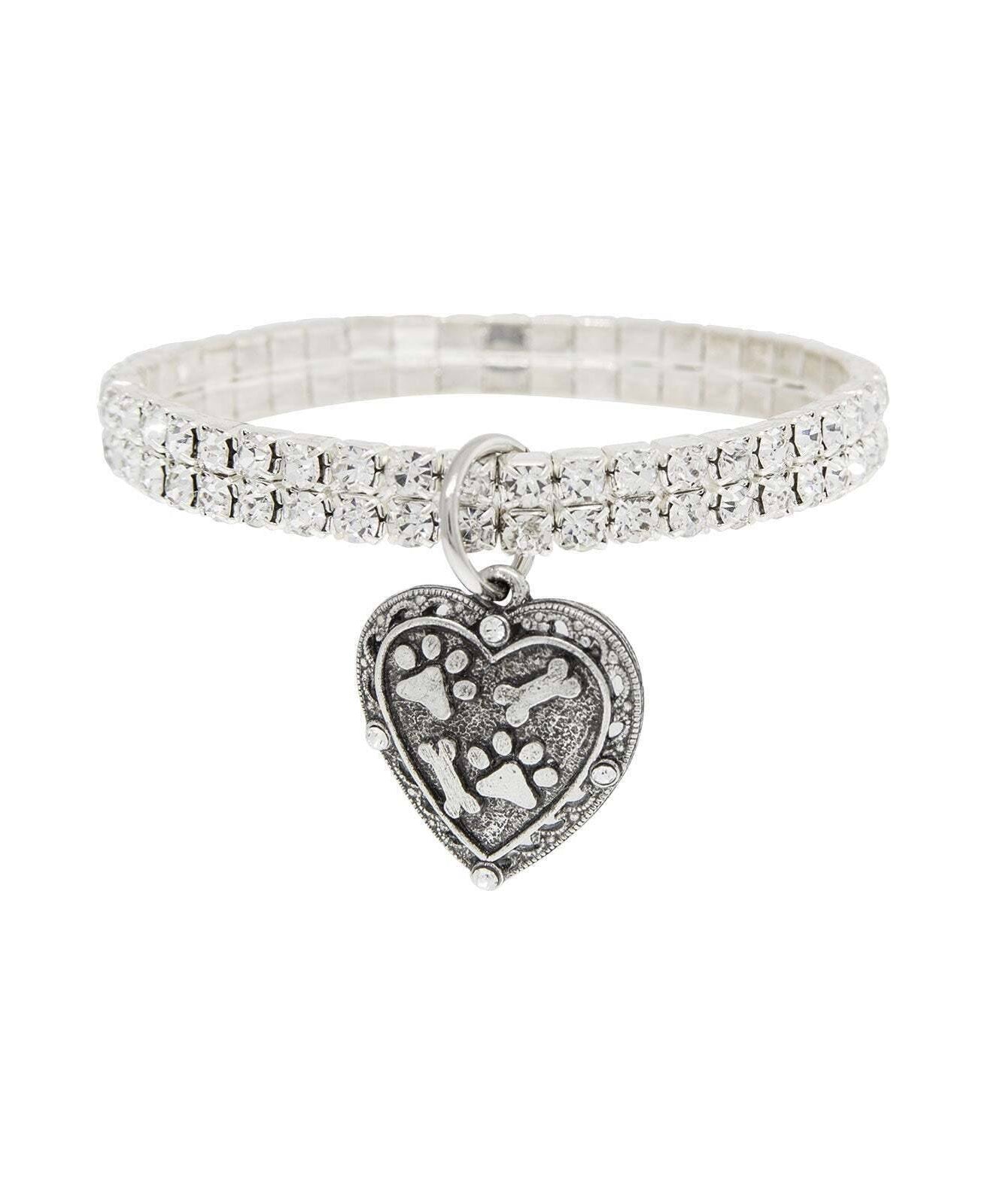 1928 Jewelry Two Row Rhinestone Crystal Stretch Bracelet With Paws And Bones Heart Charm