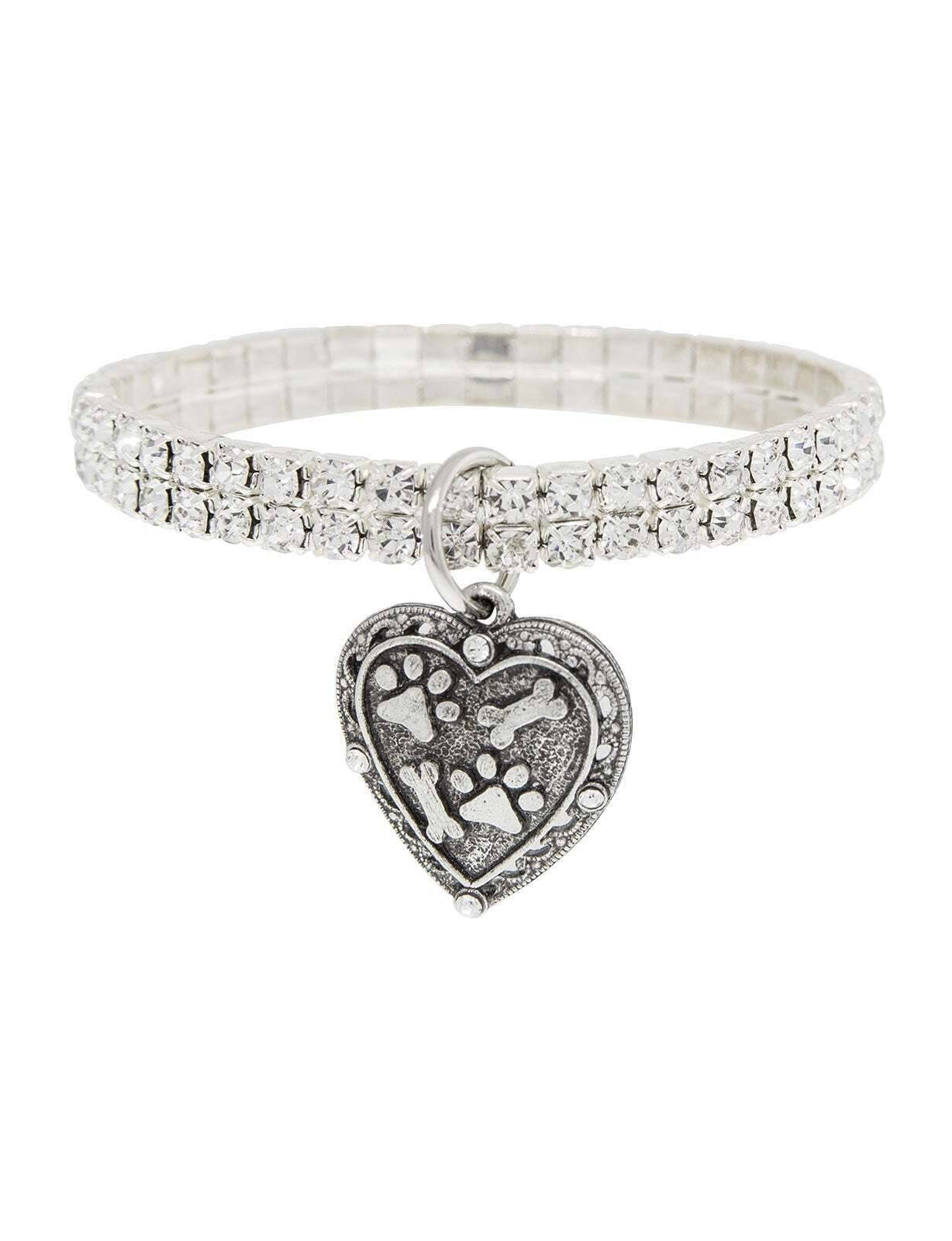 1928 Jewelry Two Row Rhinestone Crystal Stretch Bracelet With Paws And Bones Heart Charm