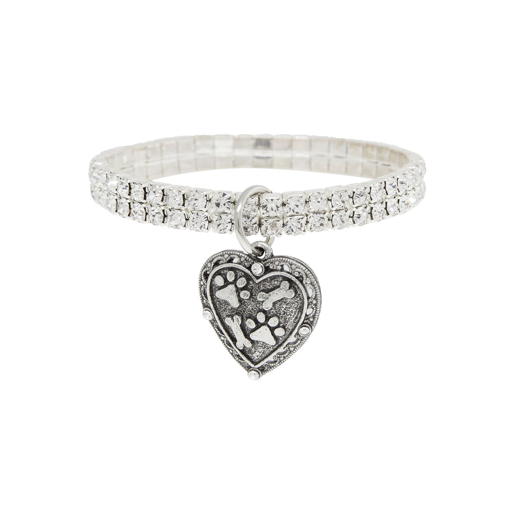 Silver Tone Two Row Crystal Stretch Bracelet With Paws And Bones Heart Charm