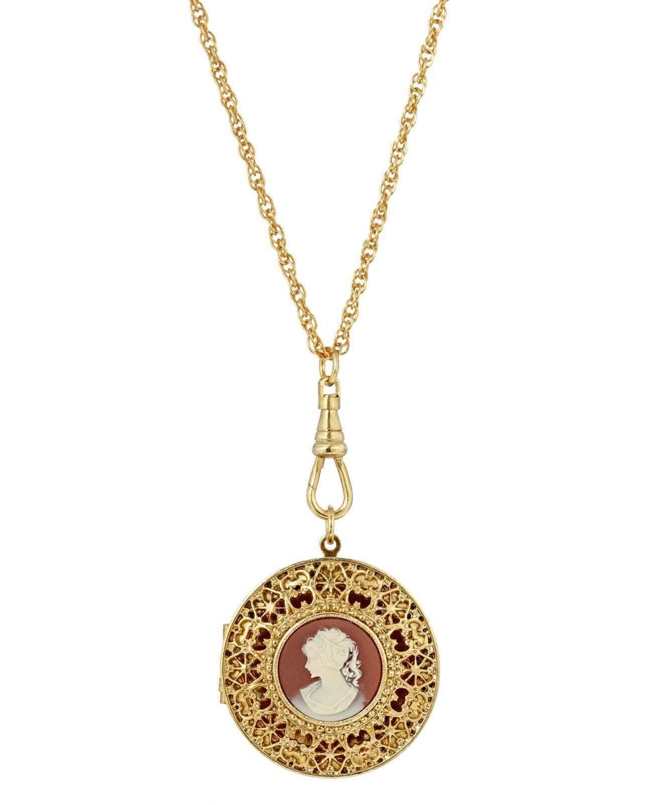 1928 Jewelry Cameo Round Ornate Filigree Locket Necklace 30"