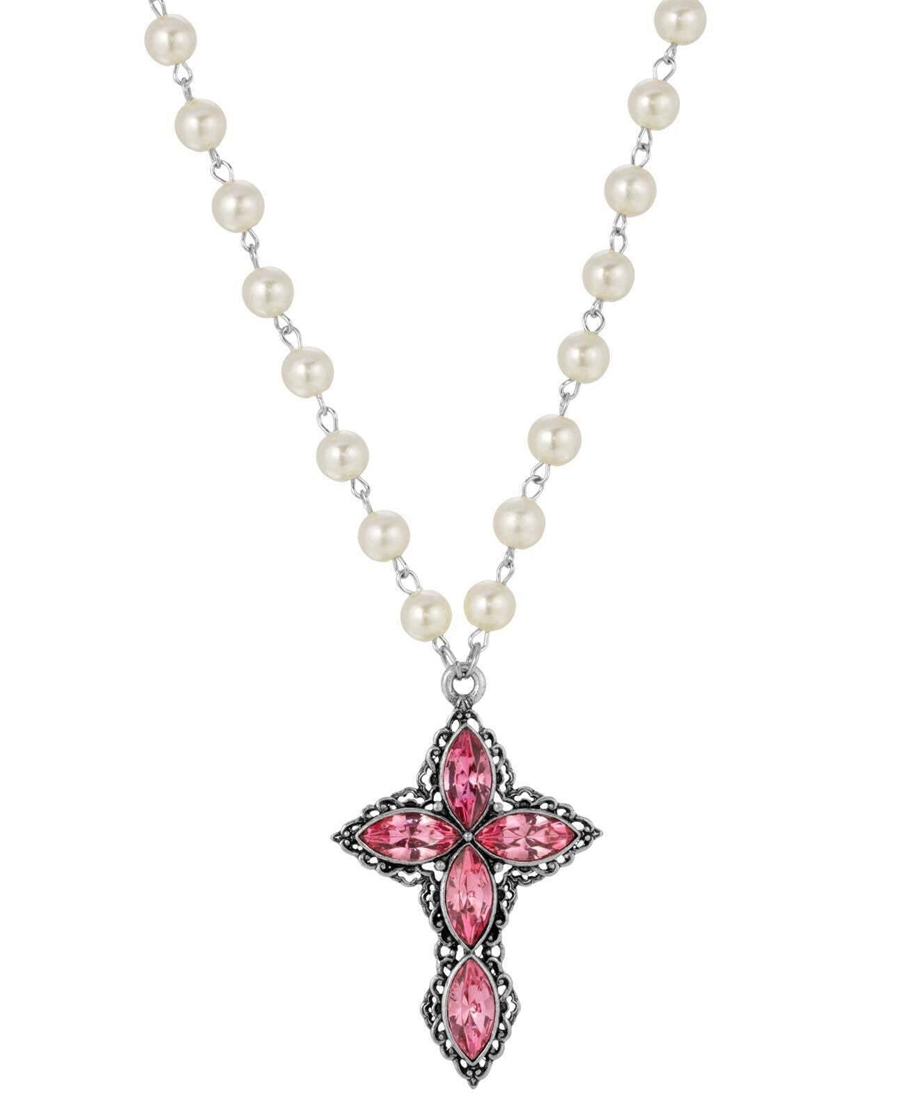 1928 Jewelry Pewter Navette Crystal And 8mm Faux Pearl Cross Pendant Necklace 16" + 3" Extender