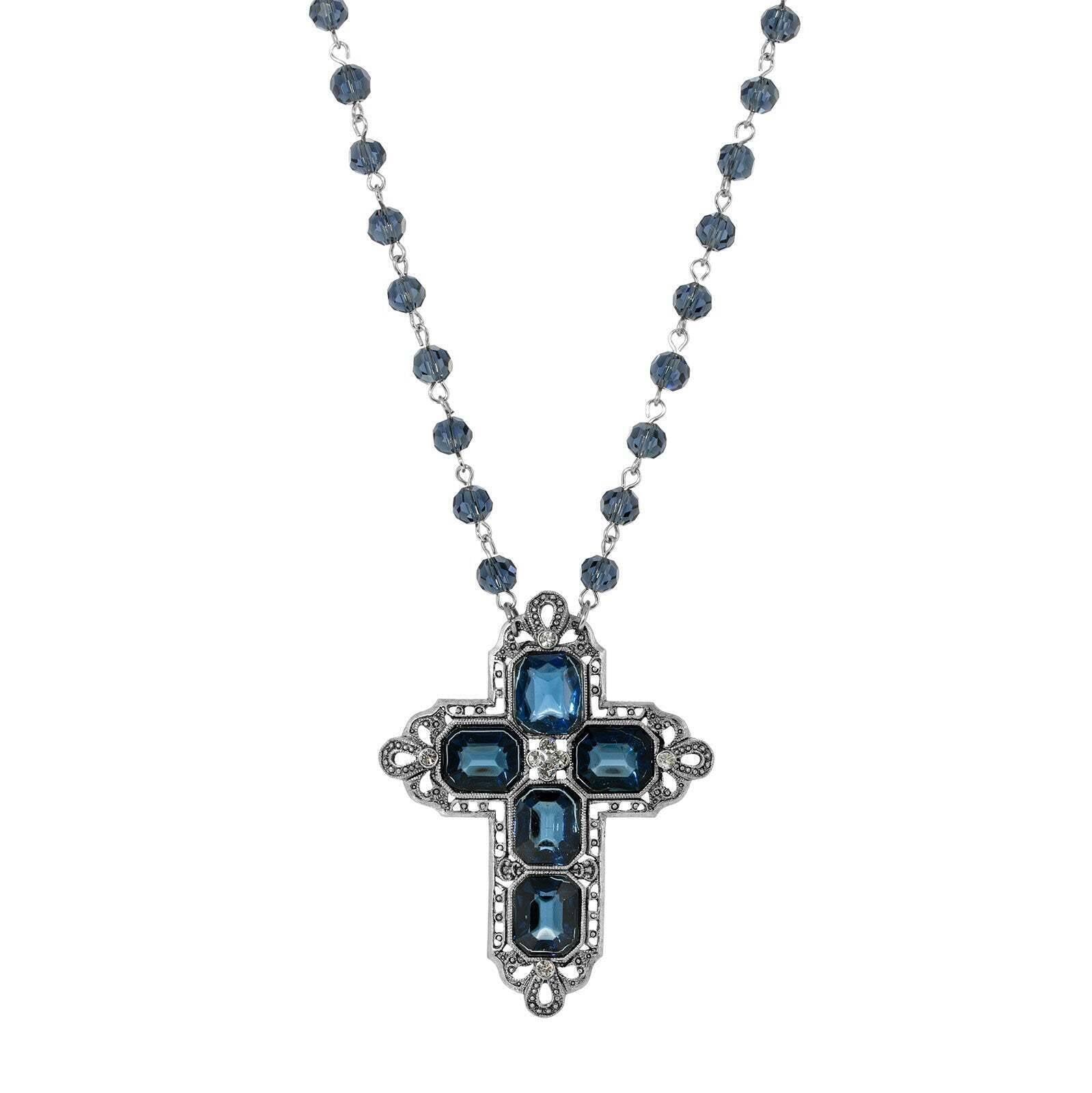 1928 Jewelry Antiqued Pewter Octagon Dark Blue German Glass Stones And Beaded Cross Necklace 16" + 3" Extender