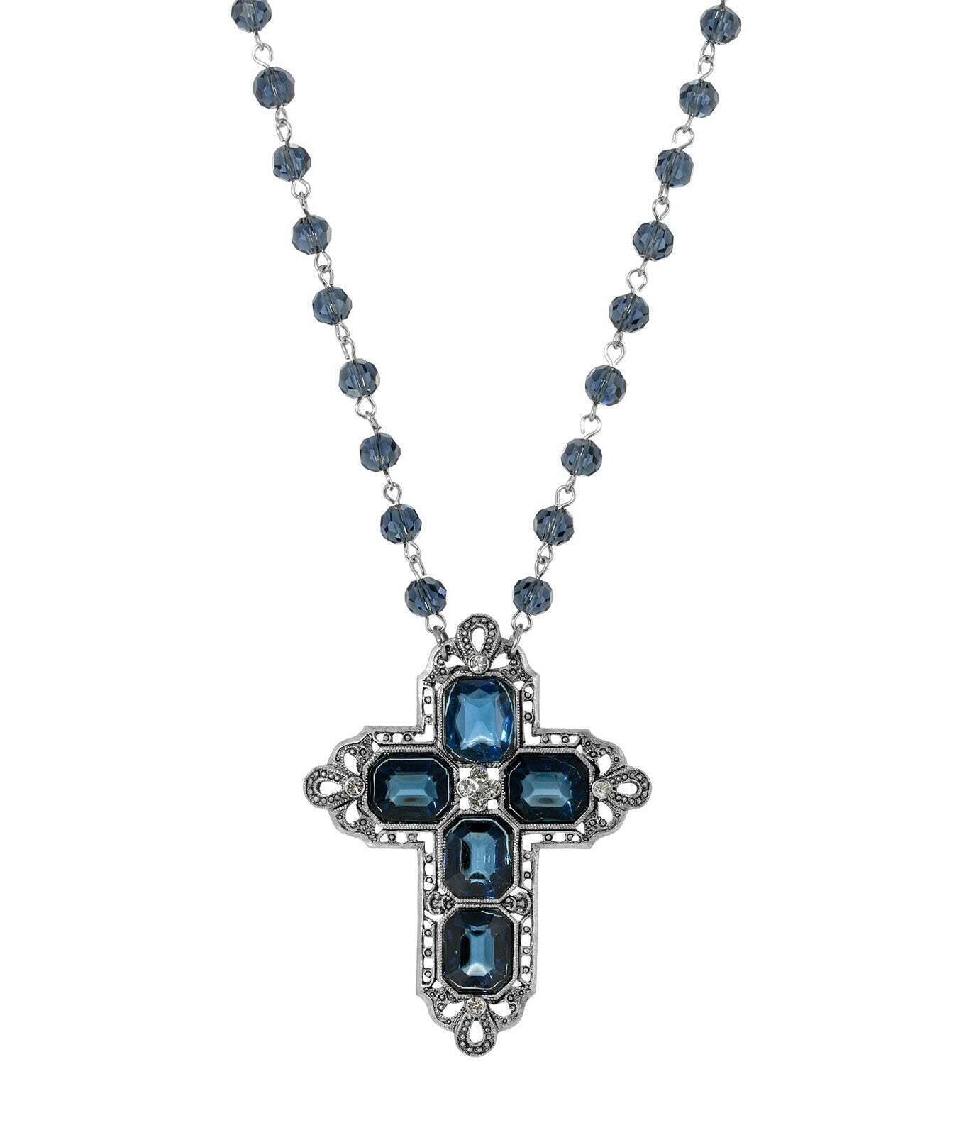 1928 Jewelry Antiqued Pewter Octagon Dark Blue German Glass Stones And Beaded Cross Necklace 16" + 3" Extender