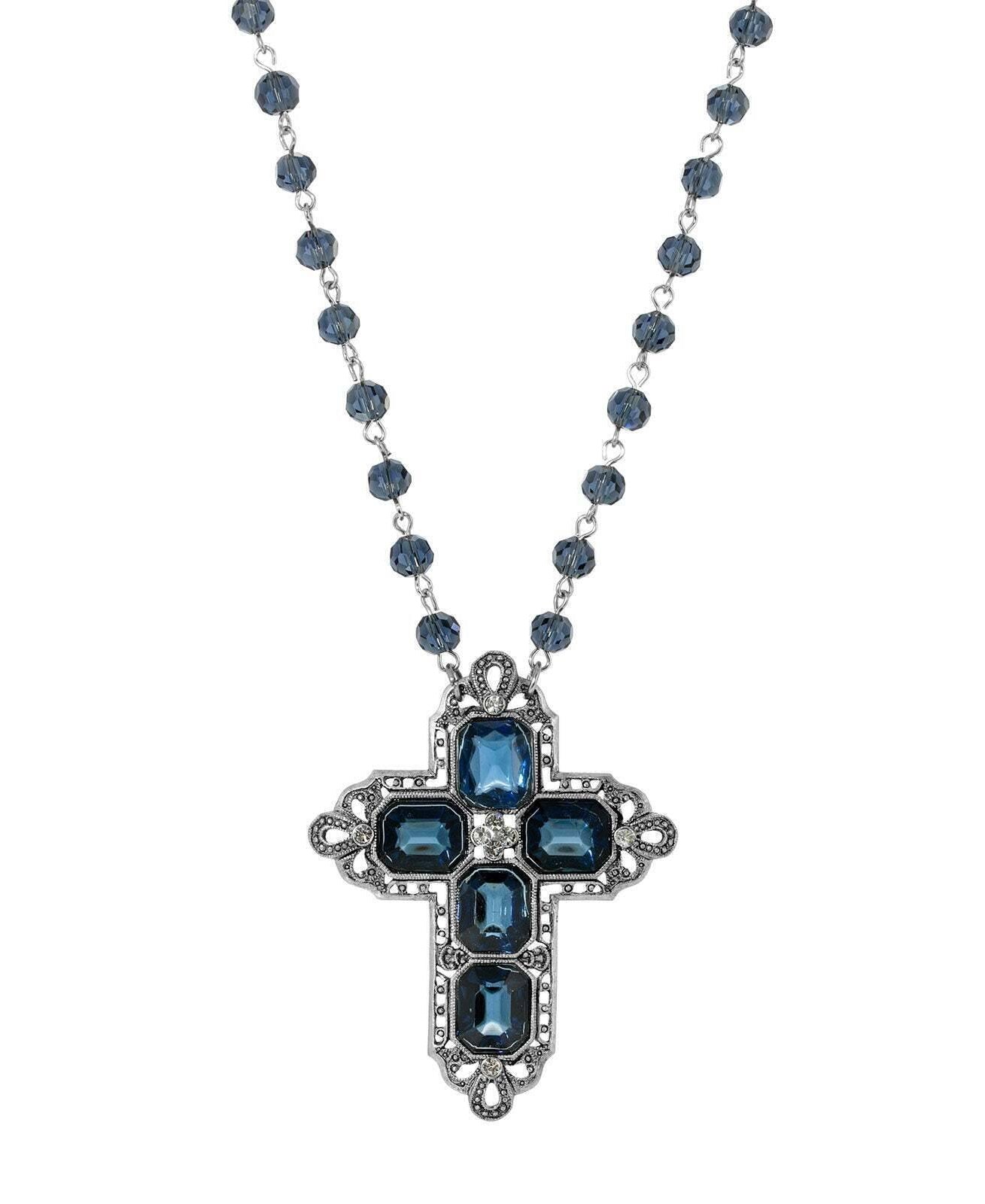1928 Jewelry Antiqued Pewter Octagon Dark Blue German Glass Stones And Beaded Cross Necklace 16" + 3" Extender